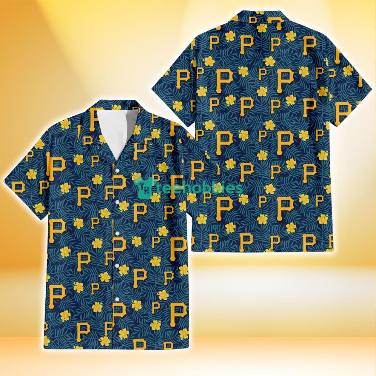 Pittsburgh Pirates Yellow Hibiscus Cadet Blue Leaf Navy Background 3D Hawaiian Shirt Gift For Fans Product Photo 1