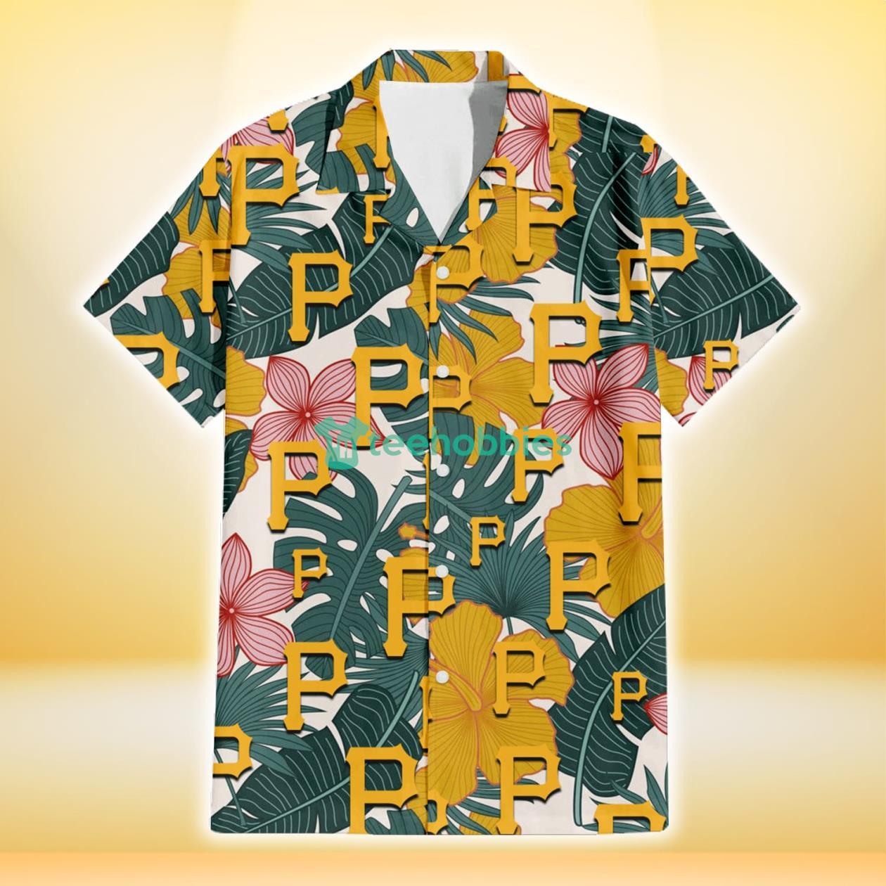 Pittsburgh Pirates Yellow Hibiscus Green Banana Leaf Pink Porcelain Flower 3D Hawaiian Shirt Gift For Fans Product Photo 2
