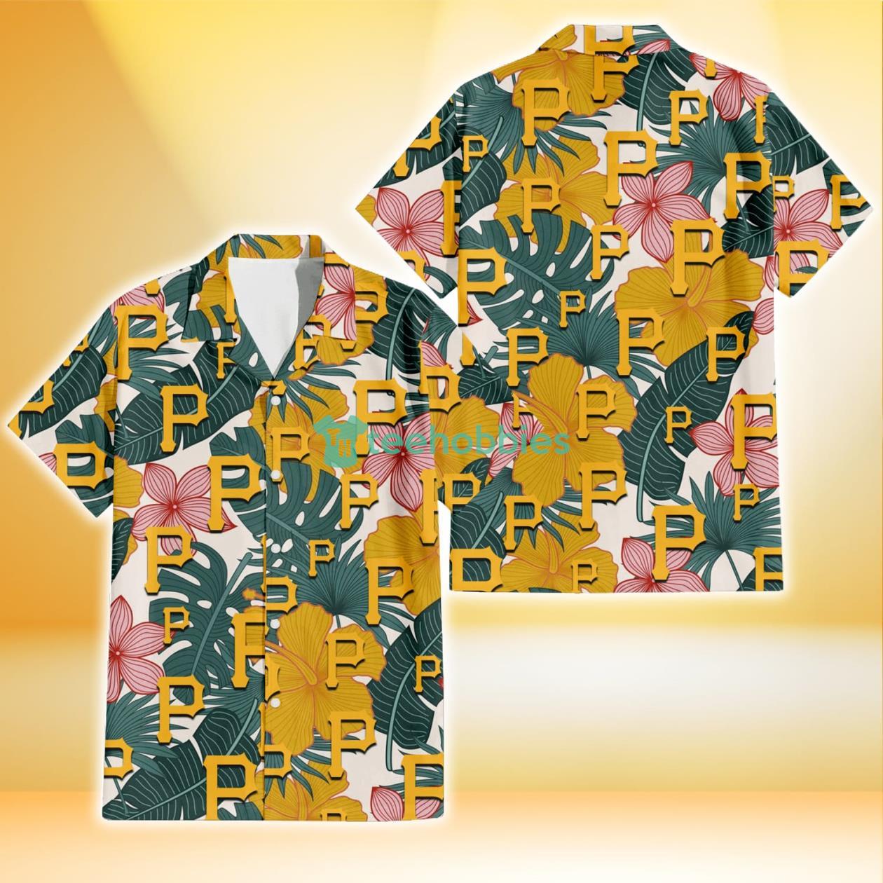 Pittsburgh Pirates Yellow Hibiscus Green Banana Leaf Pink Porcelain Flower 3D Hawaiian Shirt Gift For Fans Product Photo 1