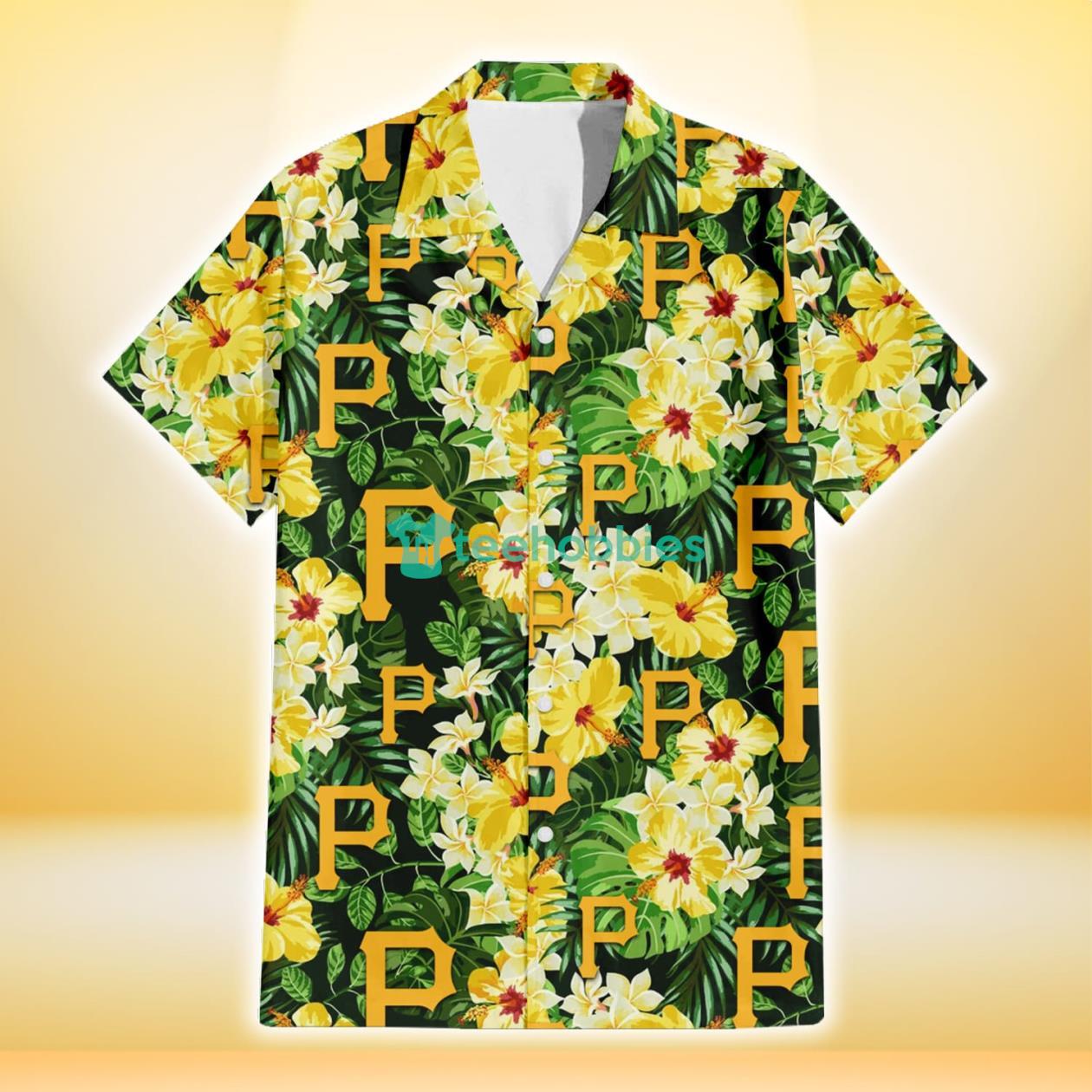 Pittsburgh Pirates Yellow Hibiscus Tropical Green Leaf Black Background 3D Hawaiian Shirt Gift For Fans Product Photo 2