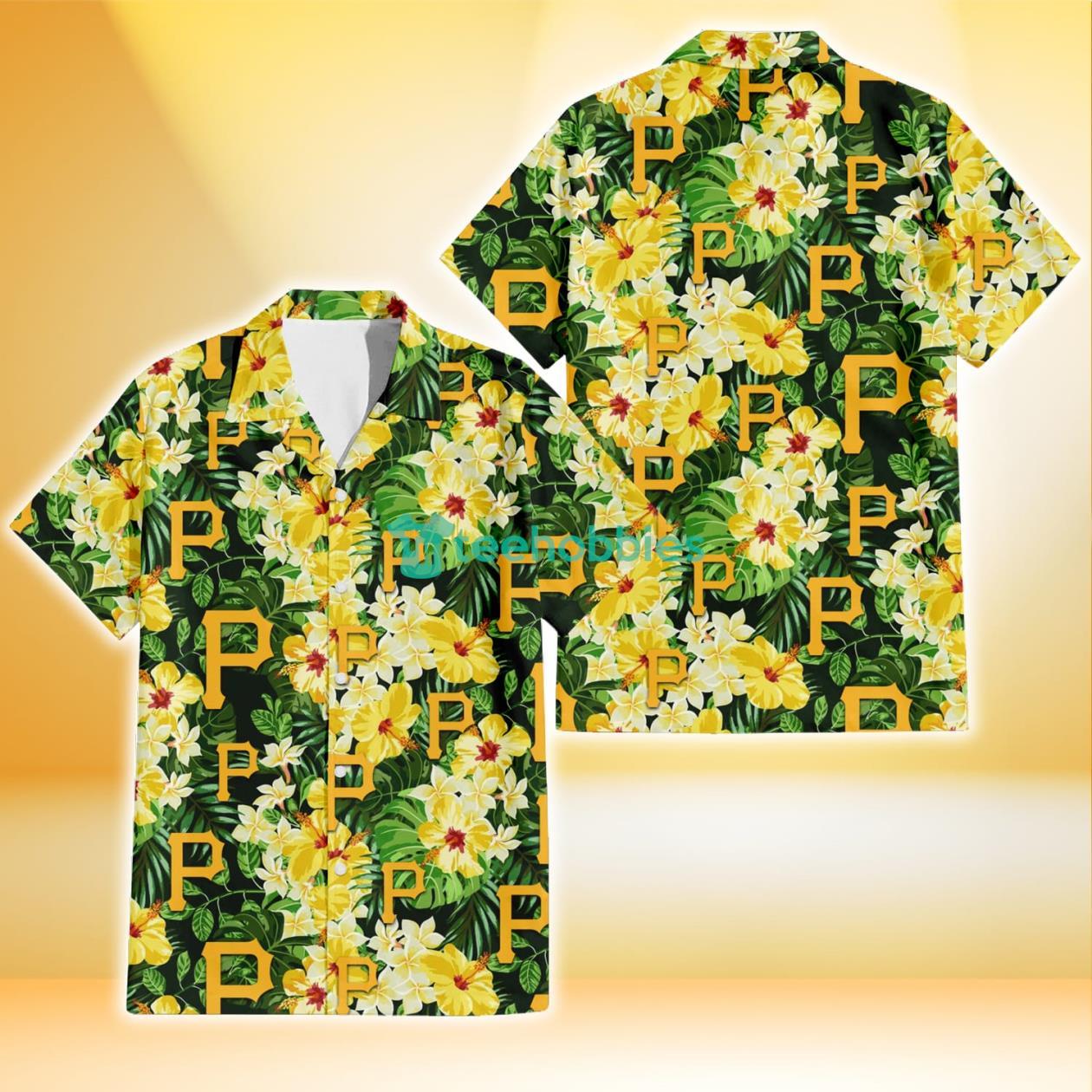 Pittsburgh Pirates Yellow Hibiscus Tropical Green Leaf Black Background 3D Hawaiian Shirt Gift For Fans Product Photo 1