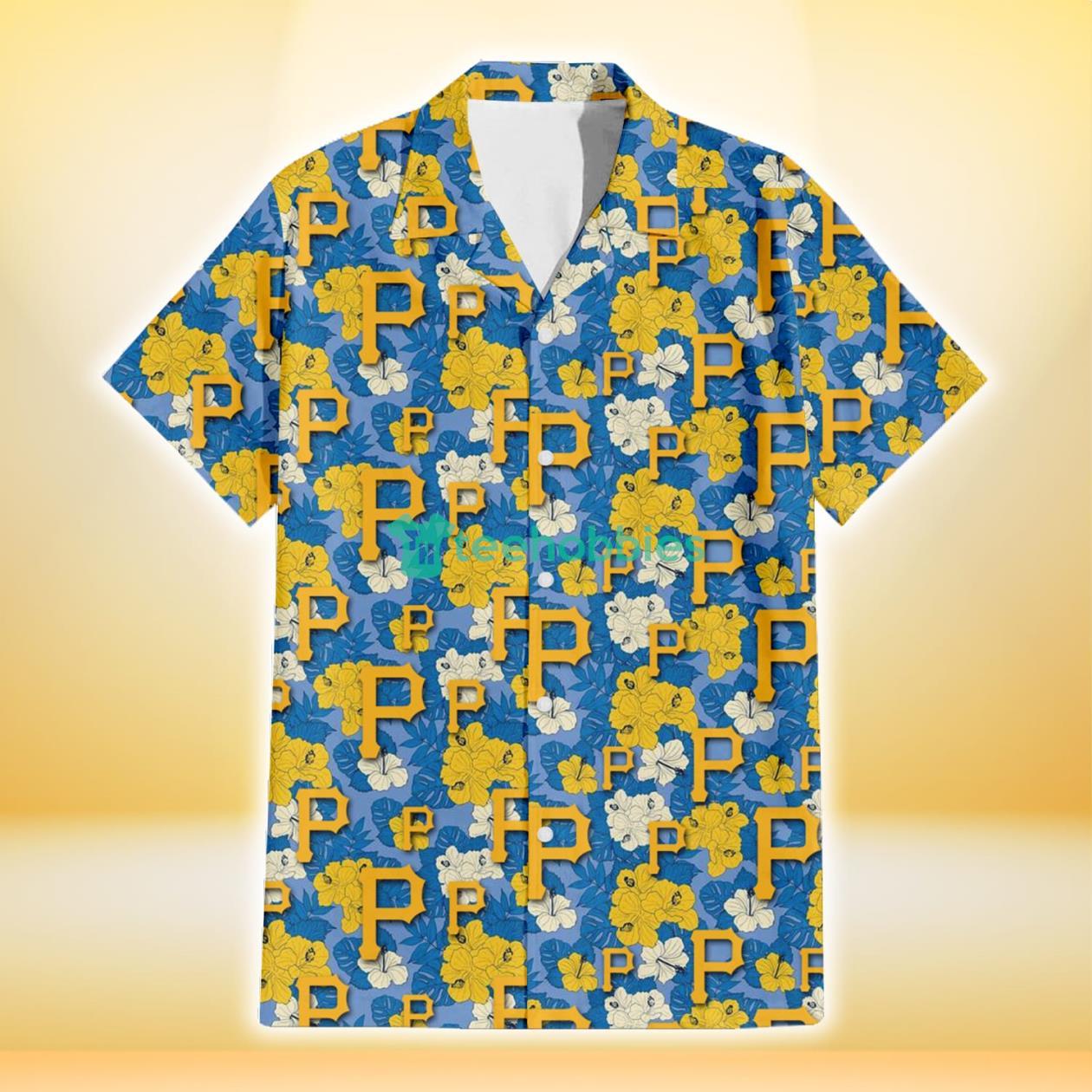 Pittsburgh Pirates Yellow White Hibiscus Powder Blue Background 3D Hawaiian Shirt Gift For Fans Product Photo 2