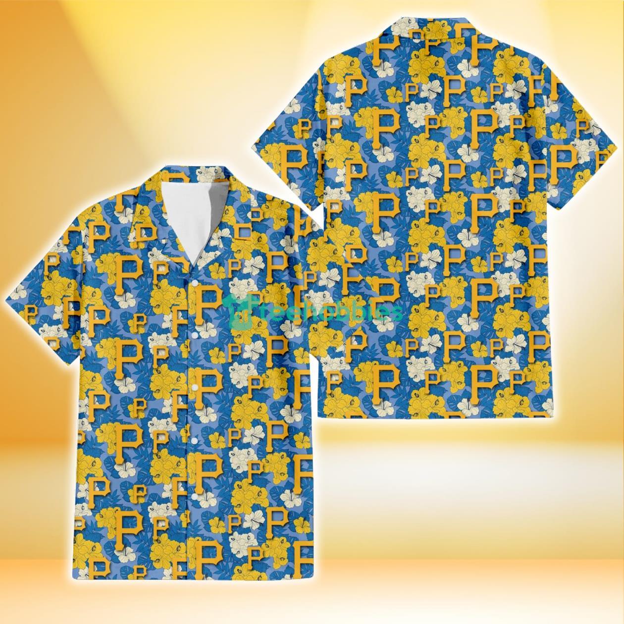 Pittsburgh Pirates Yellow White Hibiscus Powder Blue Background 3D Hawaiian Shirt Gift For Fans Product Photo 1