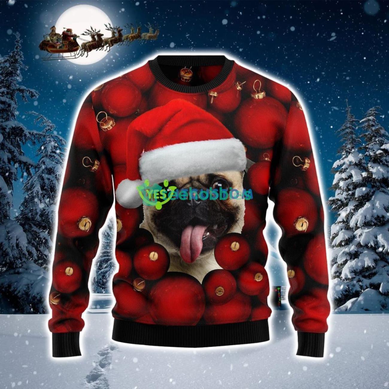 Pug And Red Ball Ornament Ugly Christmas Sweater Product Photo 1
