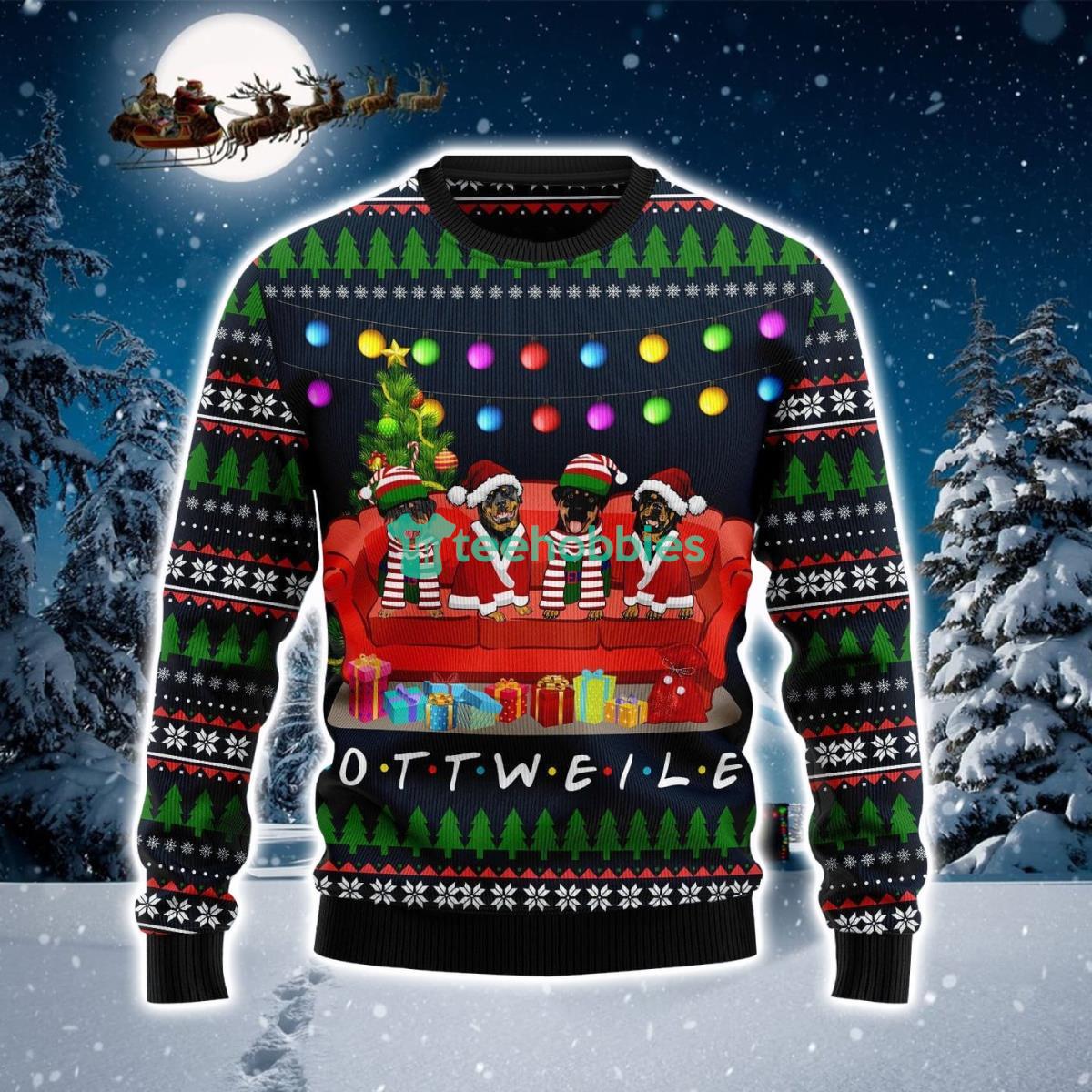 Rottweiler Friends On Red Sofa Ugly Christmas Sweater Product Photo 1