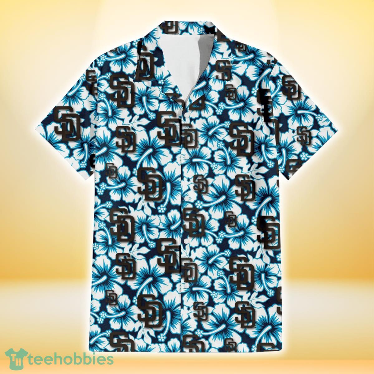 San Diego Padres Orange Hibiscus Blue Gray Leaf Black Background 3D  Hawaiian Shirt Gift For Fans