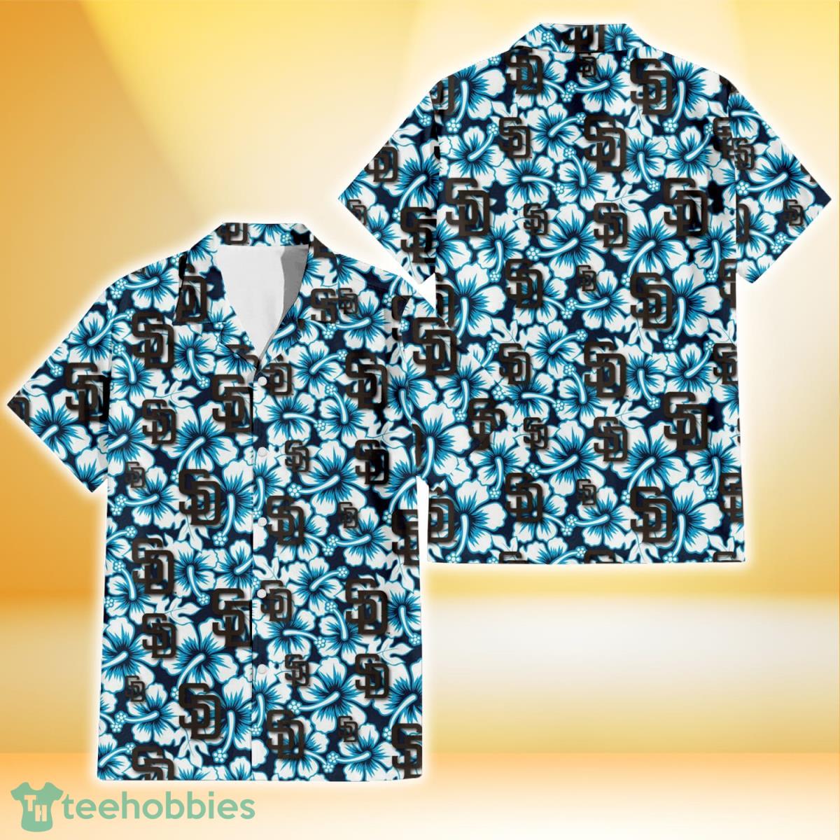 San Diego Padres Blue Line White Hibiscus Black Background 3D Hawaiian Shirt Gift For Fans Product Photo 1