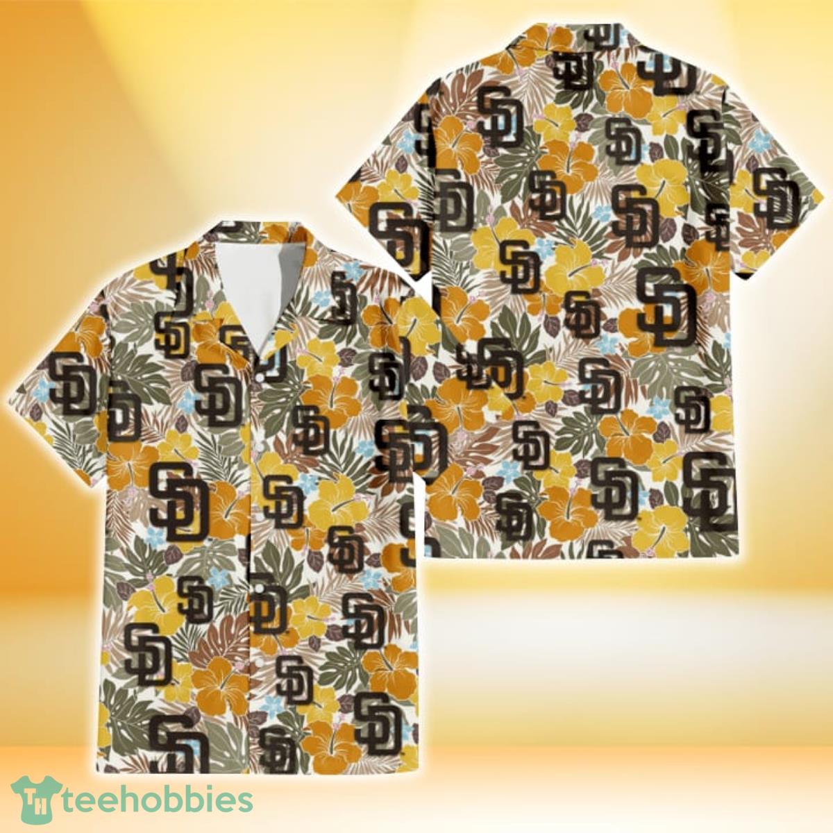San Diego Padres Brown Yellow Hibiscus White Background 3D Hawaiian Shirt Gift For Fans Product Photo 1