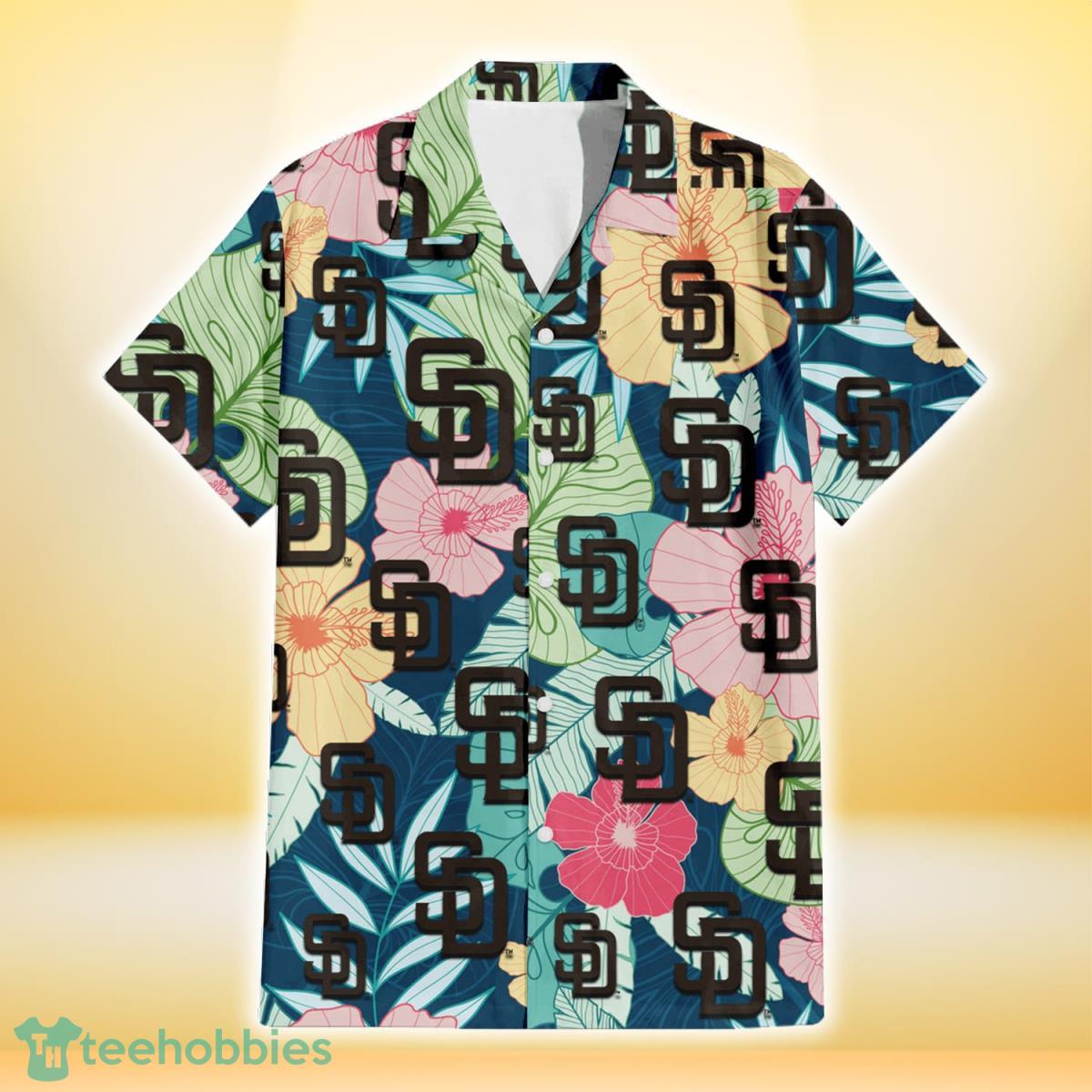 San Diego Padres Colorful Sketch Hibiscus Dark Green Background 3D Hawaiian Shirt Gift For Fans Product Photo 2