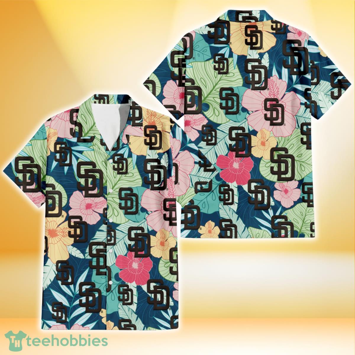 San Diego Padres Colorful Sketch Hibiscus Dark Green Background 3D Hawaiian Shirt Gift For Fans Product Photo 1