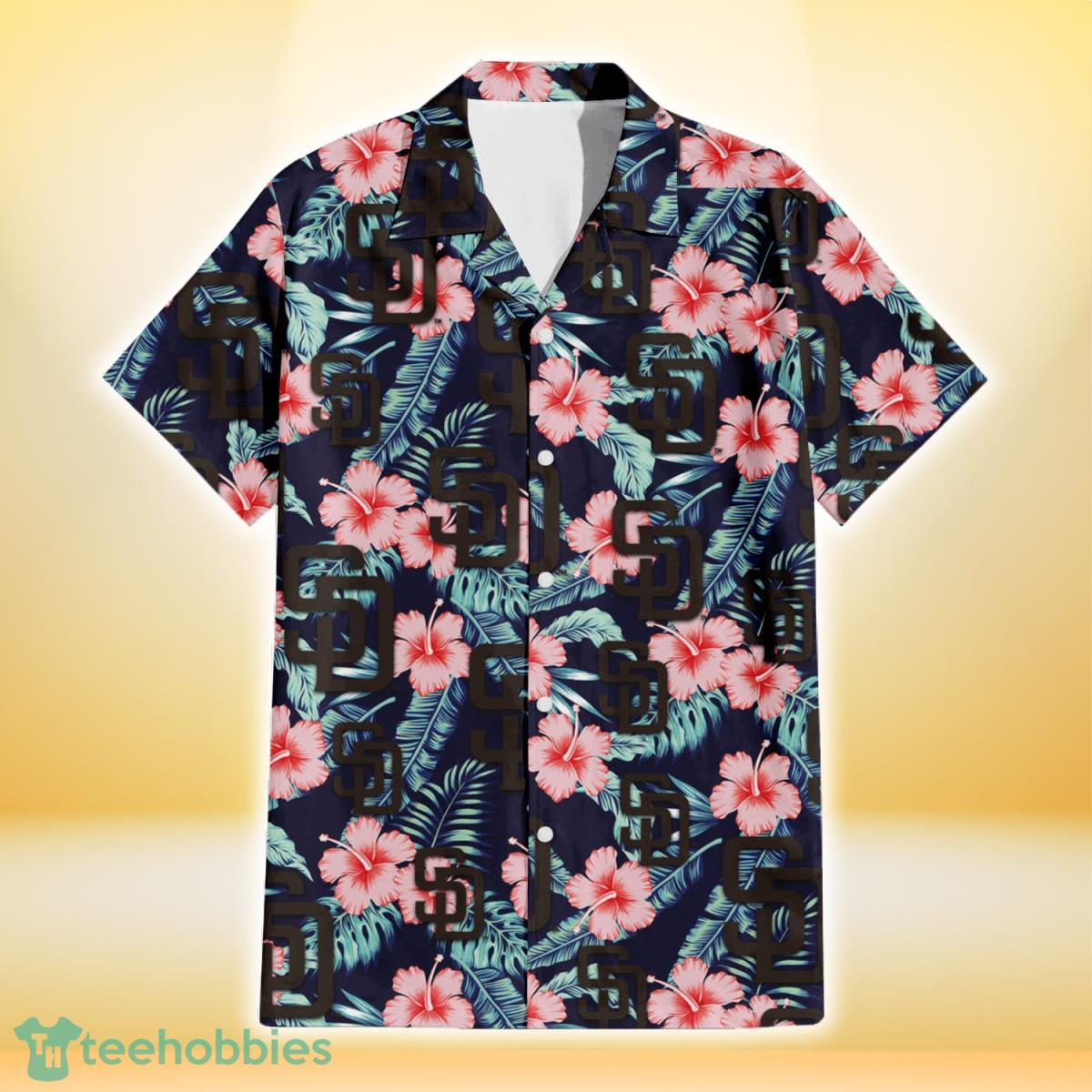 San Diego Padres Coral Hibiscus Green Banana Leaf Black Background 3D Hawaiian Shirt Gift For Fans Product Photo 2
