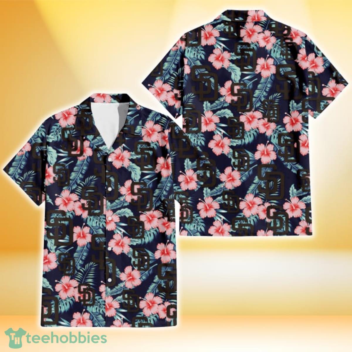 San Diego Padres Coral Hibiscus Green Banana Leaf Black Background 3D Hawaiian Shirt Gift For Fans Product Photo 1