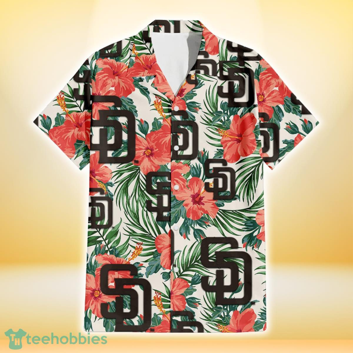 San Diego Padres Tiny Red Hibiscus Green Leaf White Cube Background 3D  Hawaiian Shirt Gift For Fans