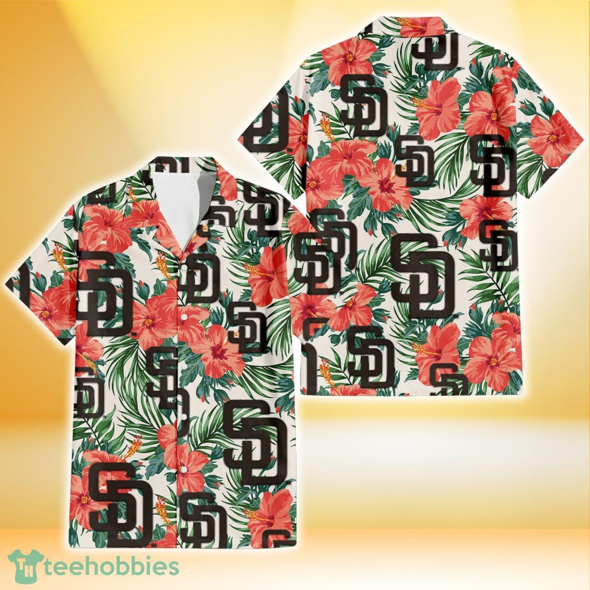San Diego Padres Coral Hibiscus Green Leaf Beige Background 3D Hawaiian Shirt Gift For Fans Product Photo 1