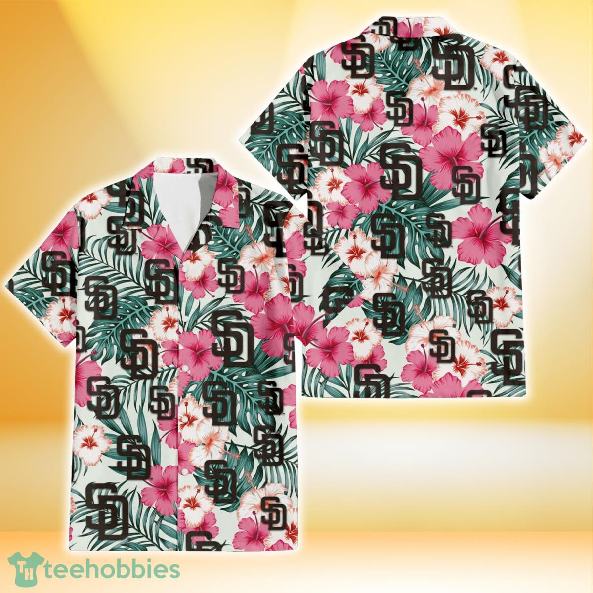 San Diego Padres Tiny Red Hibiscus Green Leaf White Cube Background 3D  Hawaiian Shirt Gift For Fans