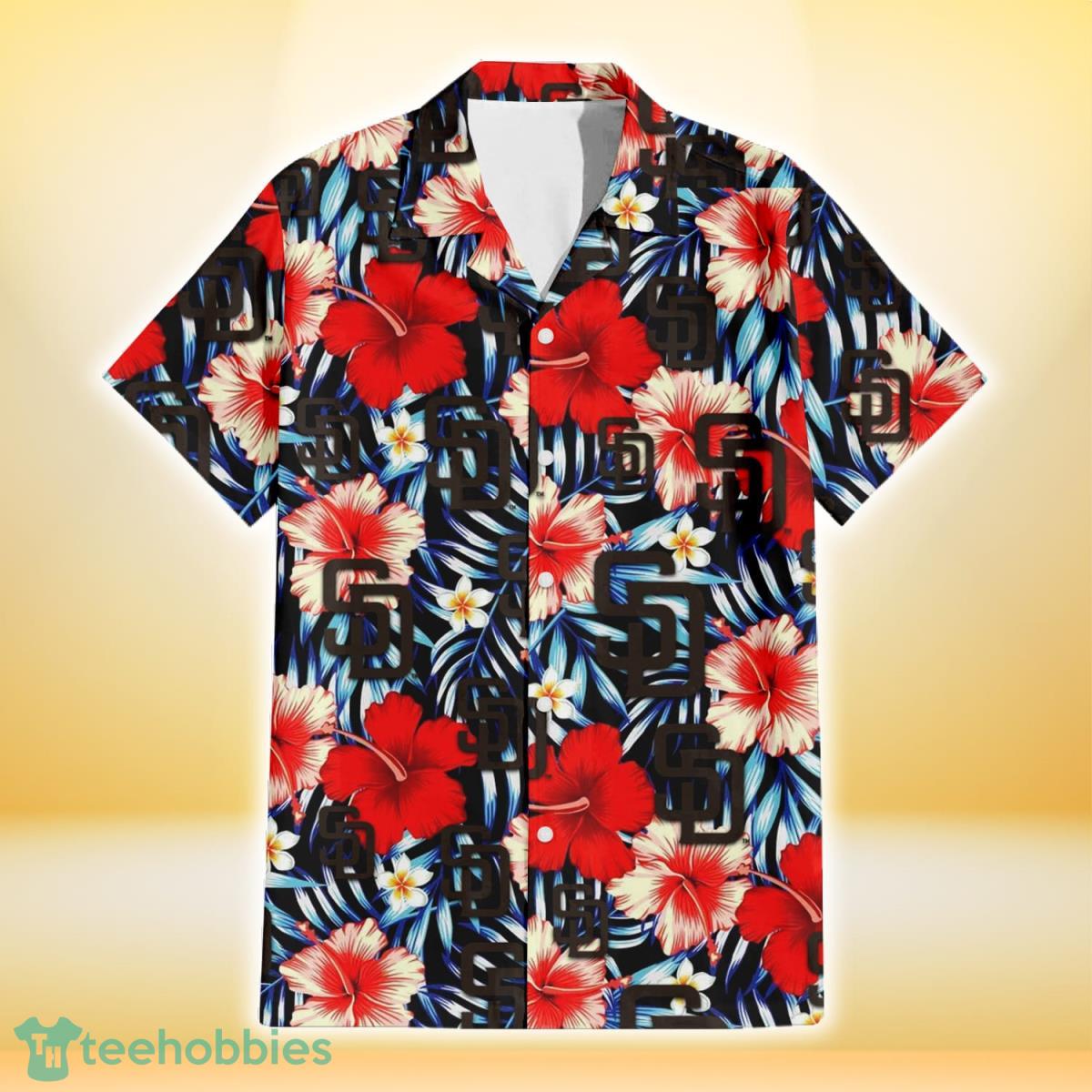 San Diego Padres Coral Red Hibiscus Blue Palm Leaf Black Background 3D Hawaiian Shirt Gift For Fans Product Photo 2