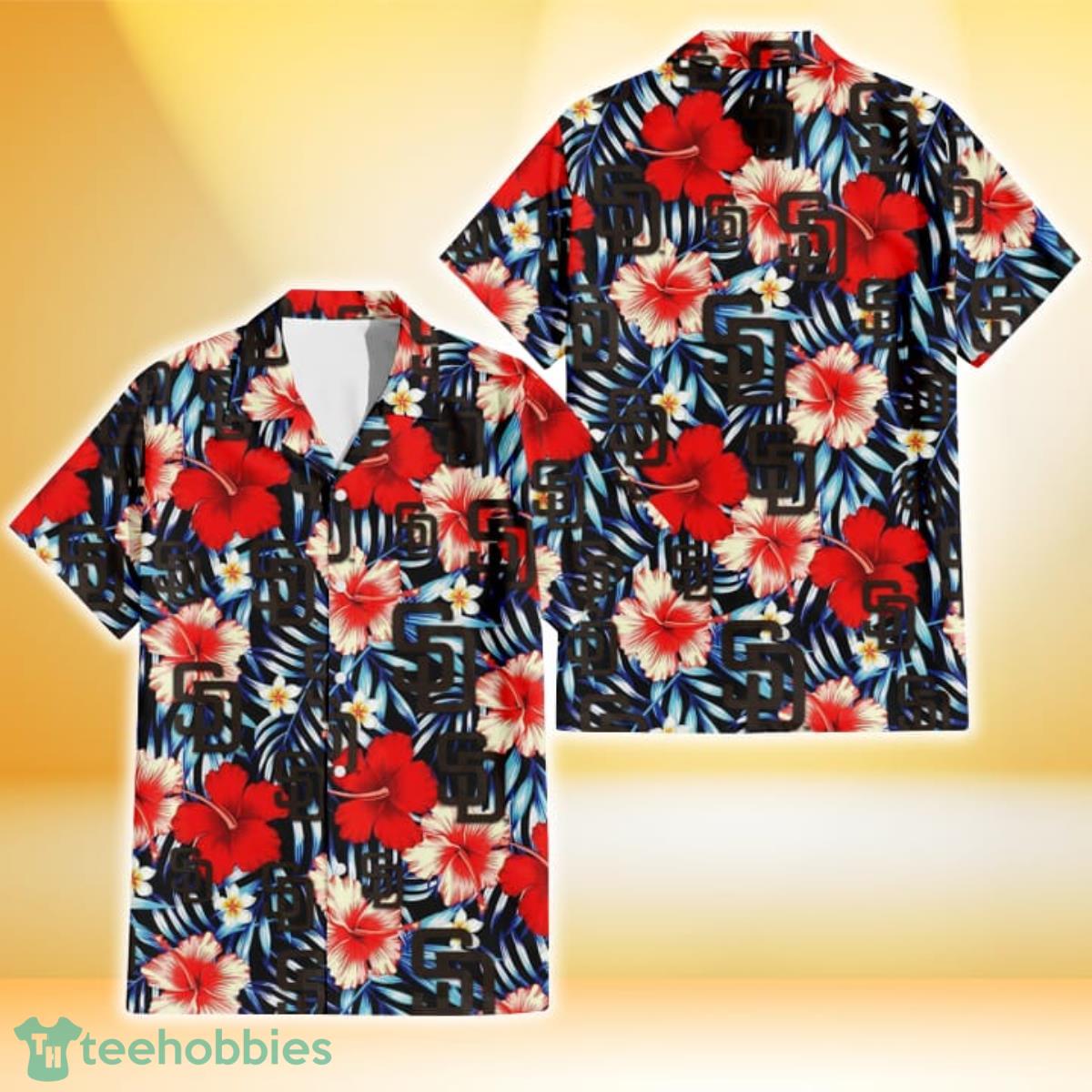 San Diego Padres Coral Red Hibiscus Blue Palm Leaf Black Background 3D Hawaiian Shirt Gift For Fans Product Photo 1