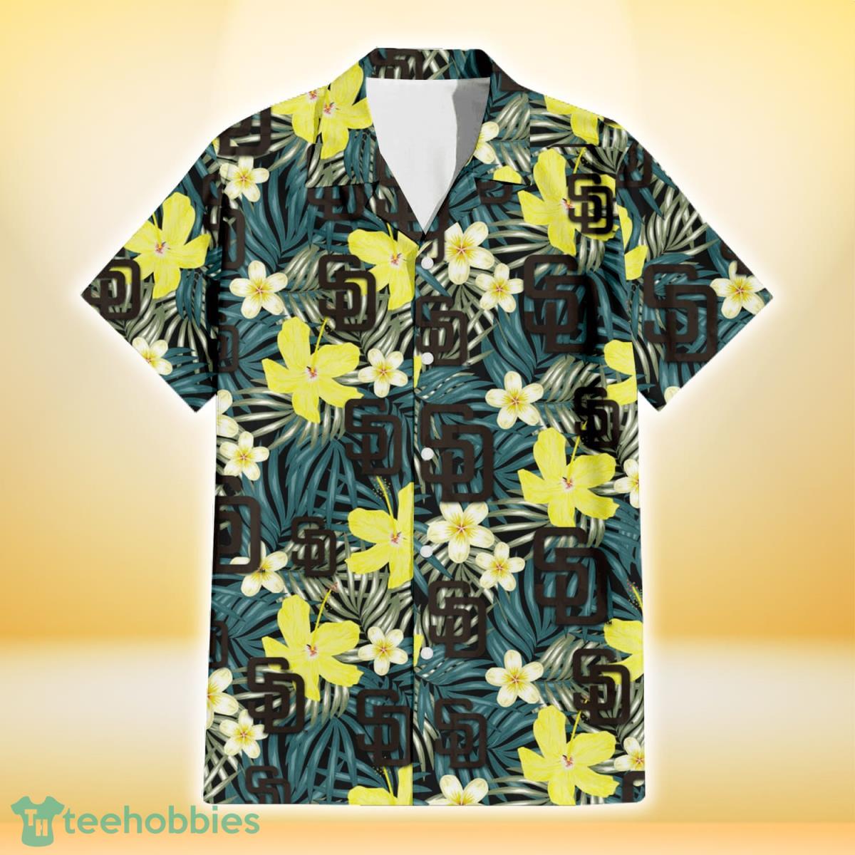 San Diego Padres Hibiscus Green Palm Leaf Black Background 3D Hawaiian Shirt Gift For Fans Product Photo 2
