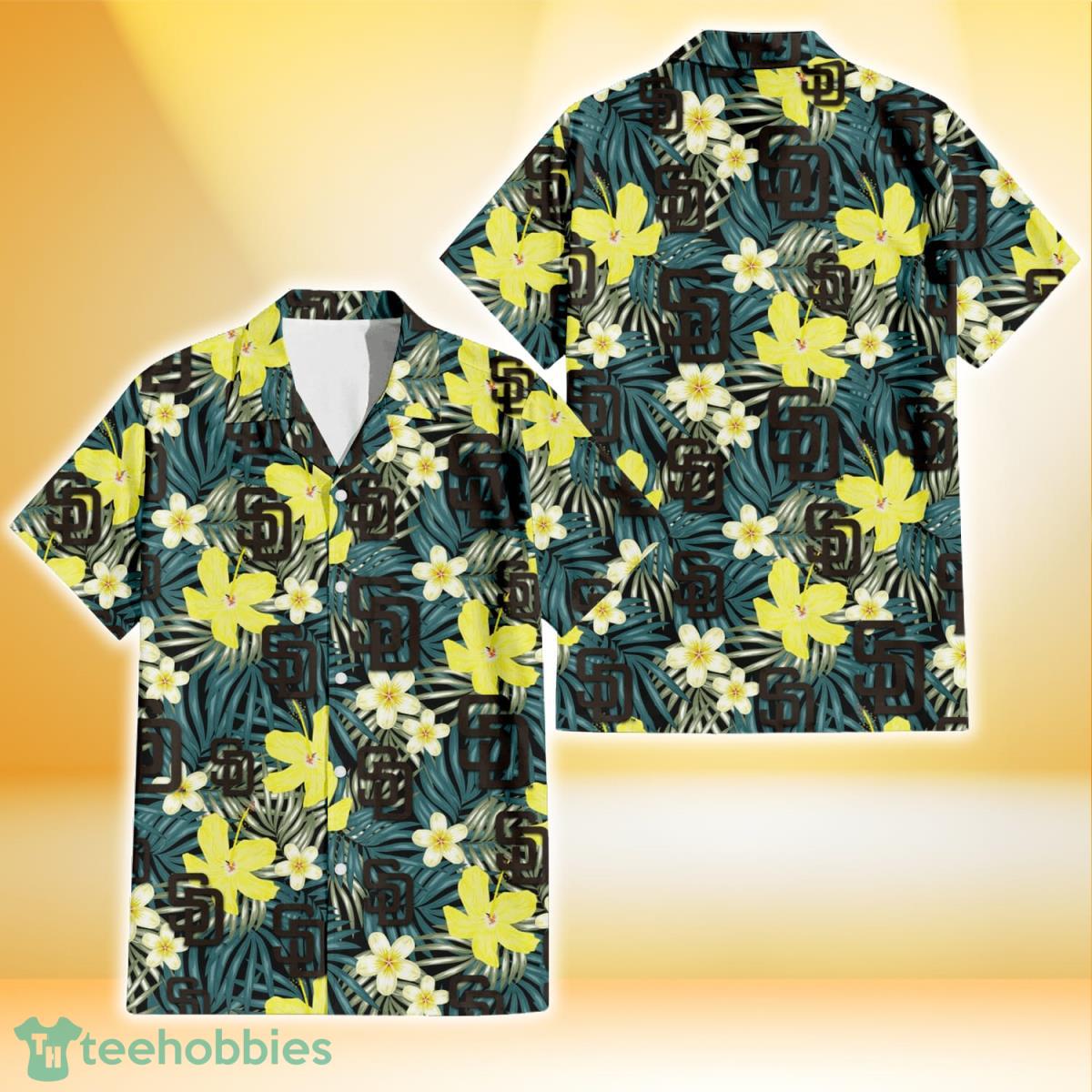 San Diego Padres Hibiscus Green Palm Leaf Black Background 3D Hawaiian Shirt Gift For Fans Product Photo 1