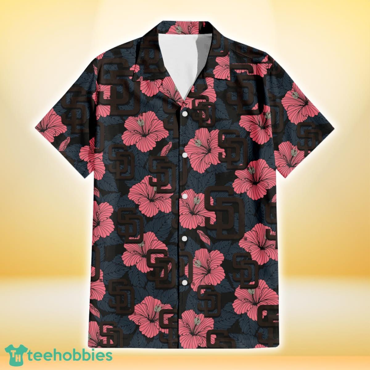 San Diego Padres Light Coral Hibiscus Gray Leaf Black Background 3D Hawaiian Shirt Gift For Fans Product Photo 2