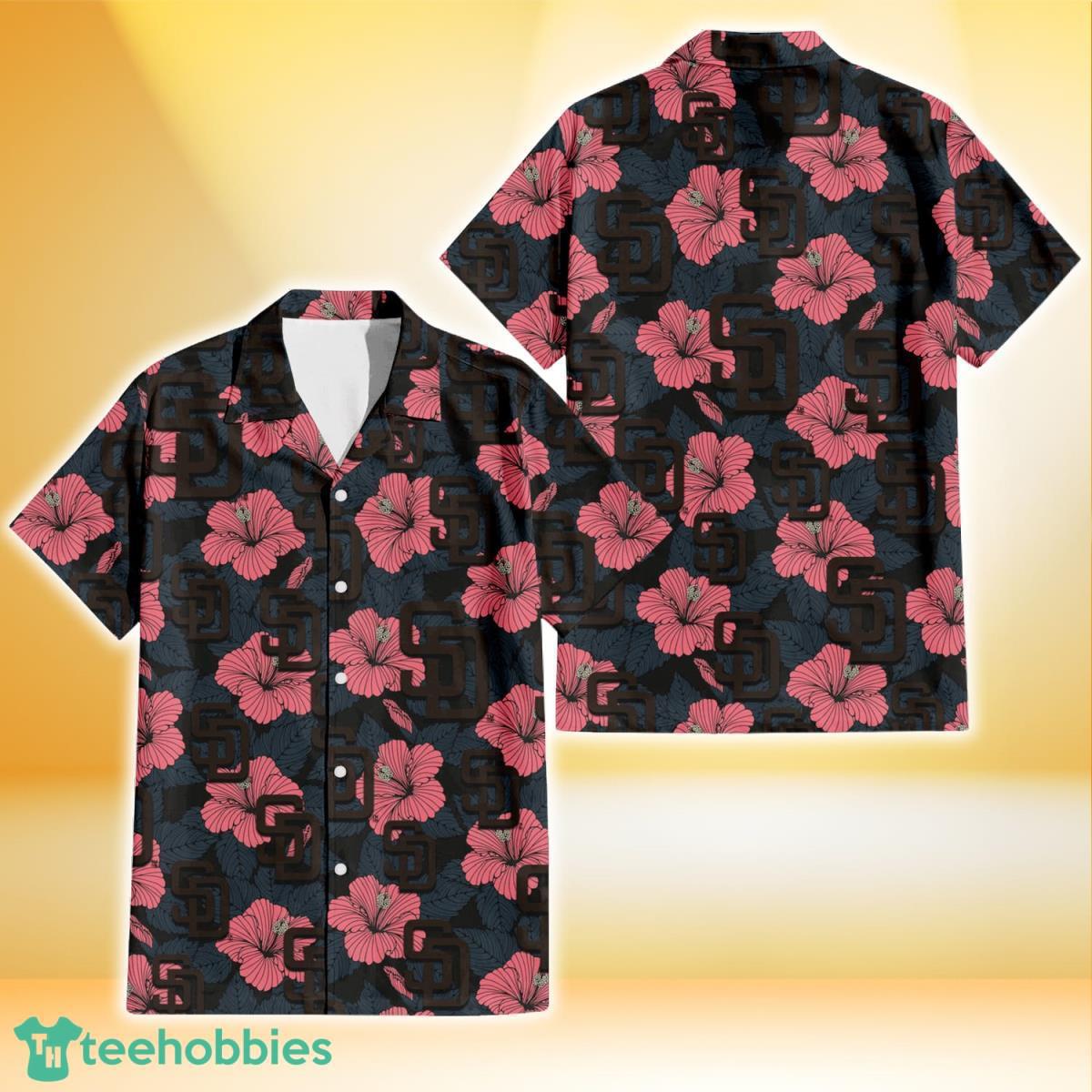 San Diego Padres Light Coral Hibiscus Gray Leaf Black Background 3D Hawaiian Shirt Gift For Fans Product Photo 1