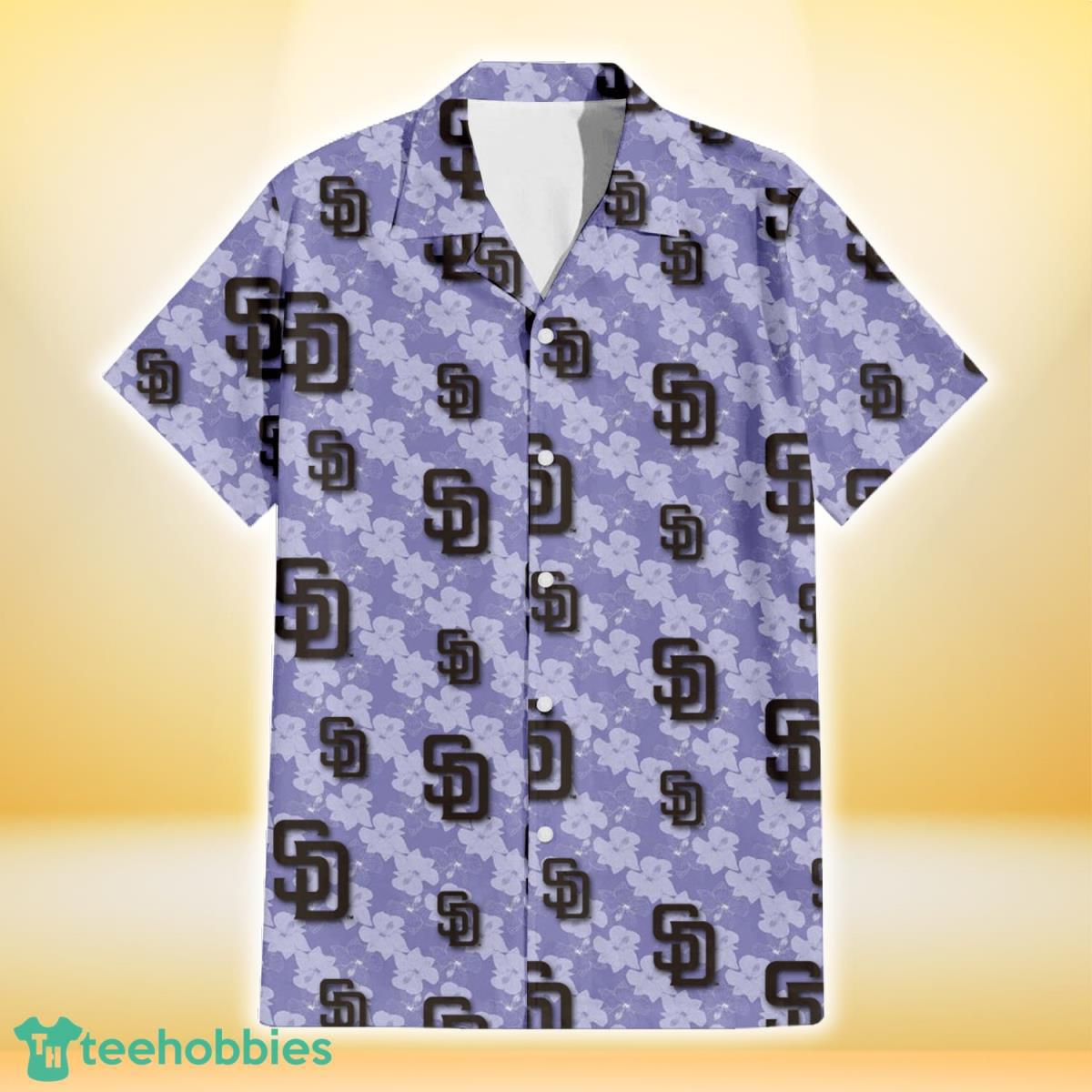 San Diego Padres Light Purple Hibiscus Pattern Stripe Powder Purple 3D Hawaiian Shirt Gift For Fans Product Photo 2