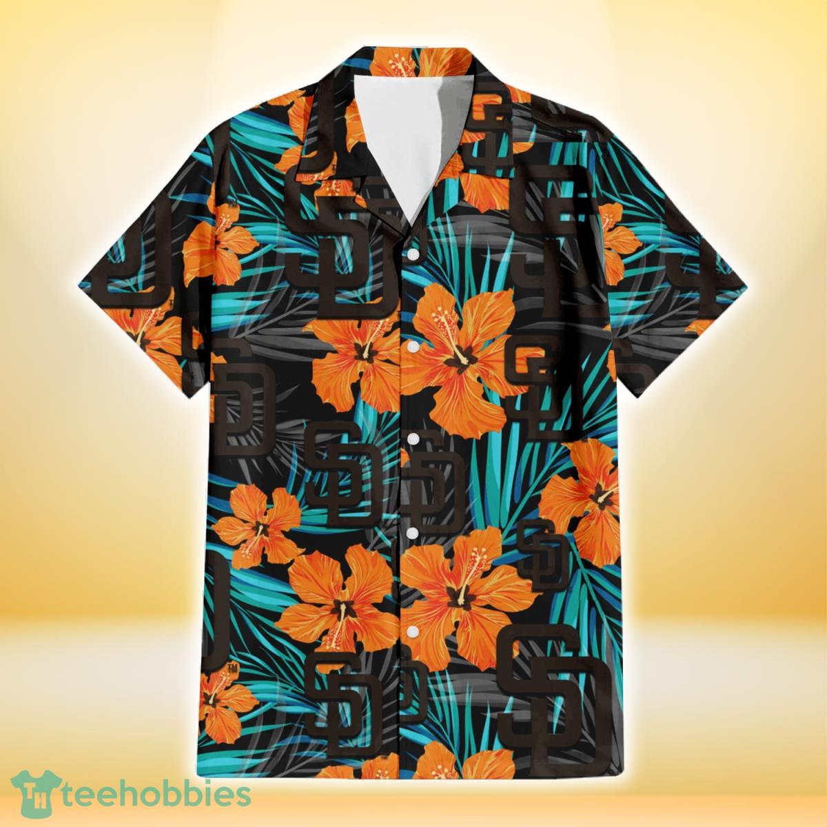 San Diego Padres Orange Hibiscus Blue Gray Leaf Black Background 3D Hawaiian Shirt Gift For Fans Product Photo 2