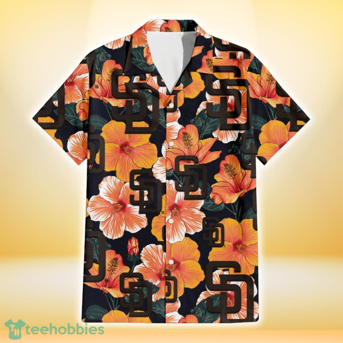 San Diego Padres Orange Hibiscus Dark Green Leaf Black Background 3D Hawaiian Shirt Gift For Fans Product Photo 2