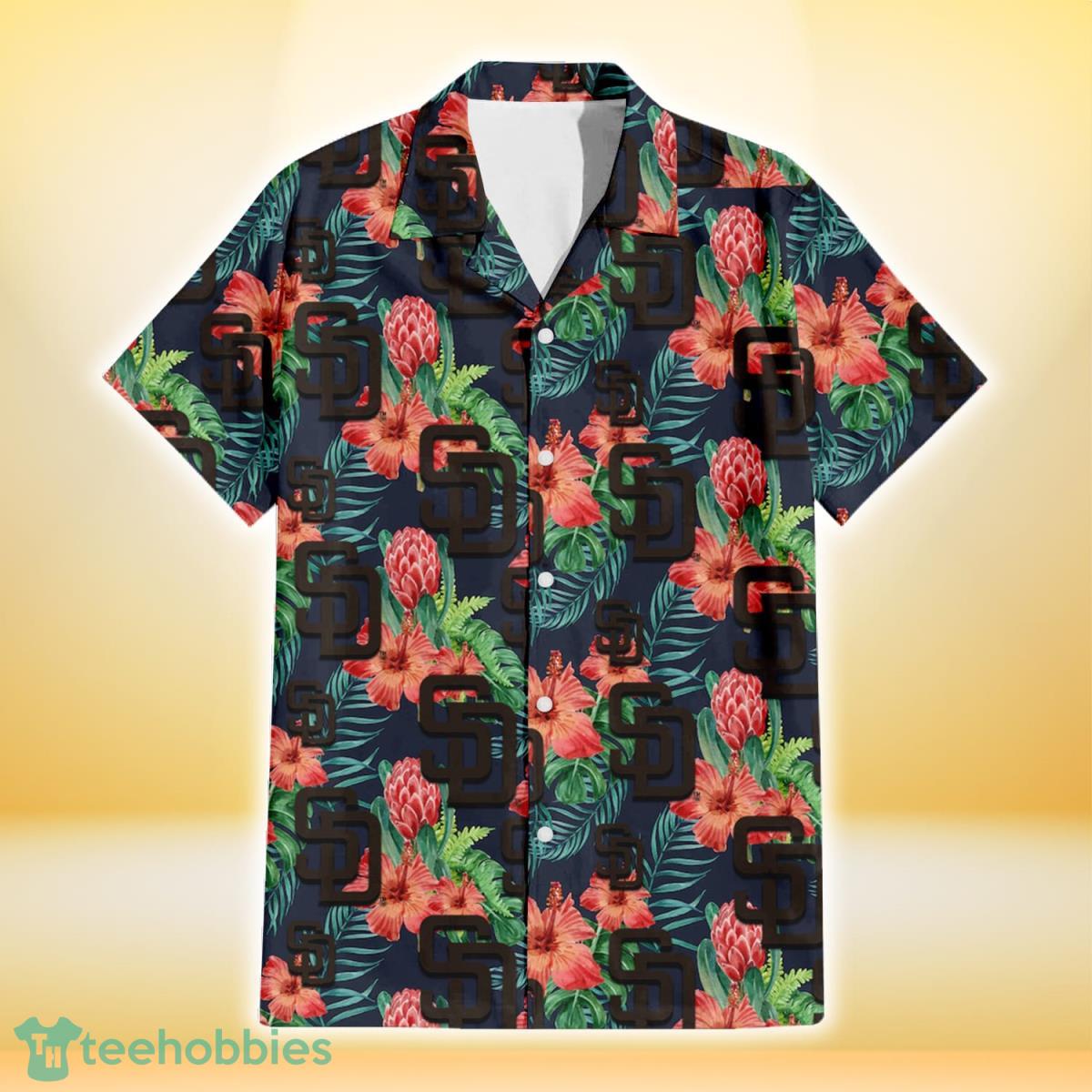 San Diego Padres Orange Hibiscus Green Tropical Leaf Dark Background 3D Hawaiian Shirt Gift For Fans Product Photo 2