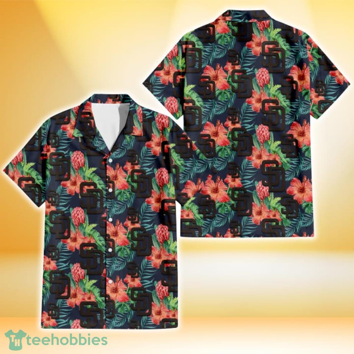 San Diego Padres Orange Hibiscus Green Tropical Leaf Dark Background 3D Hawaiian Shirt Gift For Fans Product Photo 1