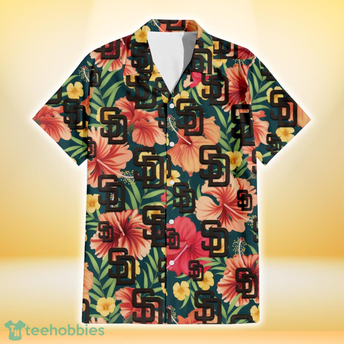 San Diego Padres Orange Hibiscus Dark Green Leaf Black Background 3D  Hawaiian Shirt Gift For Fans