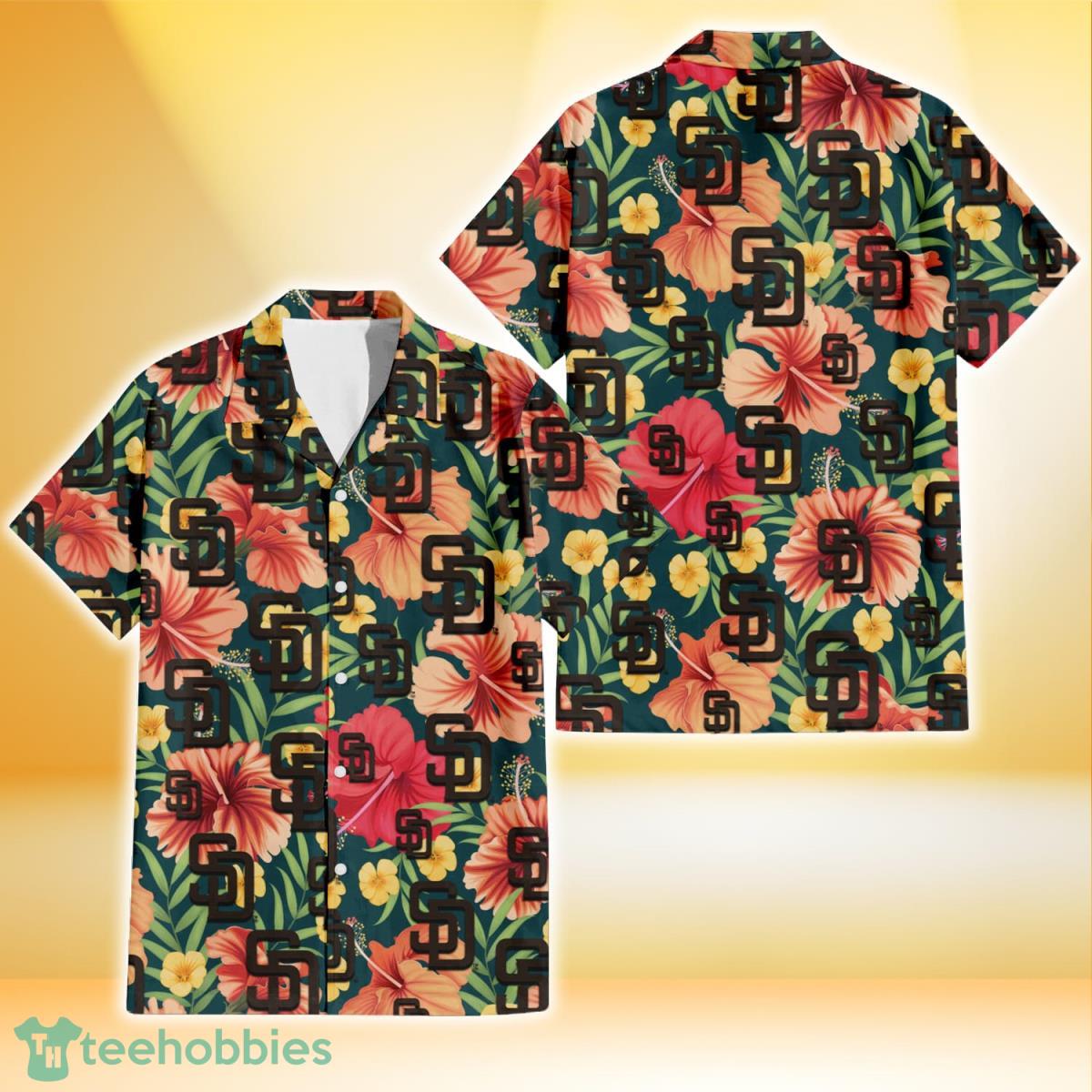 San Diego Padres Orange Red Hibiscus Green Leaf Dark Background 3D Hawaiian Shirt Gift For Fans Product Photo 1