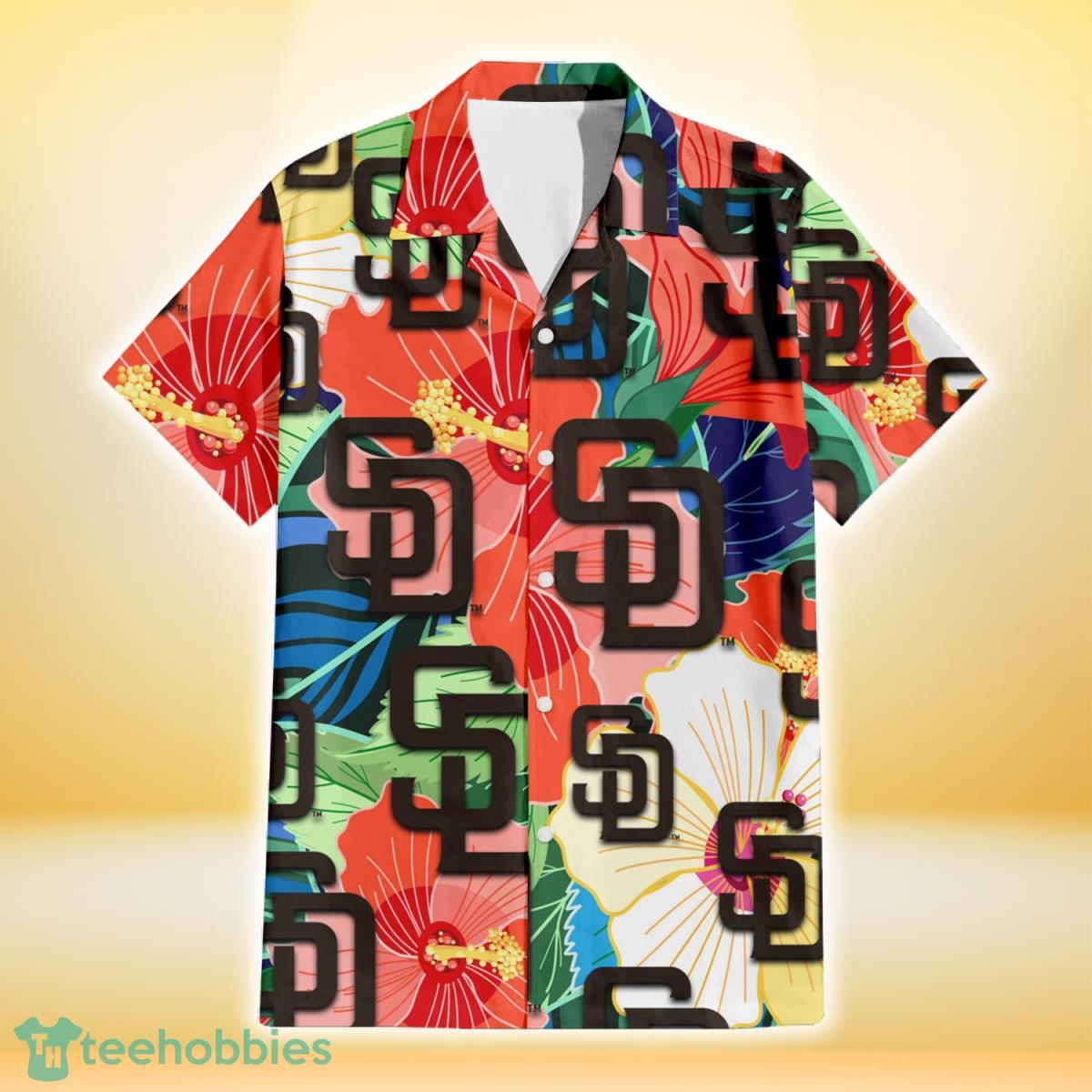 San Diego Padres Orange White Tropical Hibiscus Green Leaf 3D Hawaiian Shirt Gift For Fans Product Photo 2