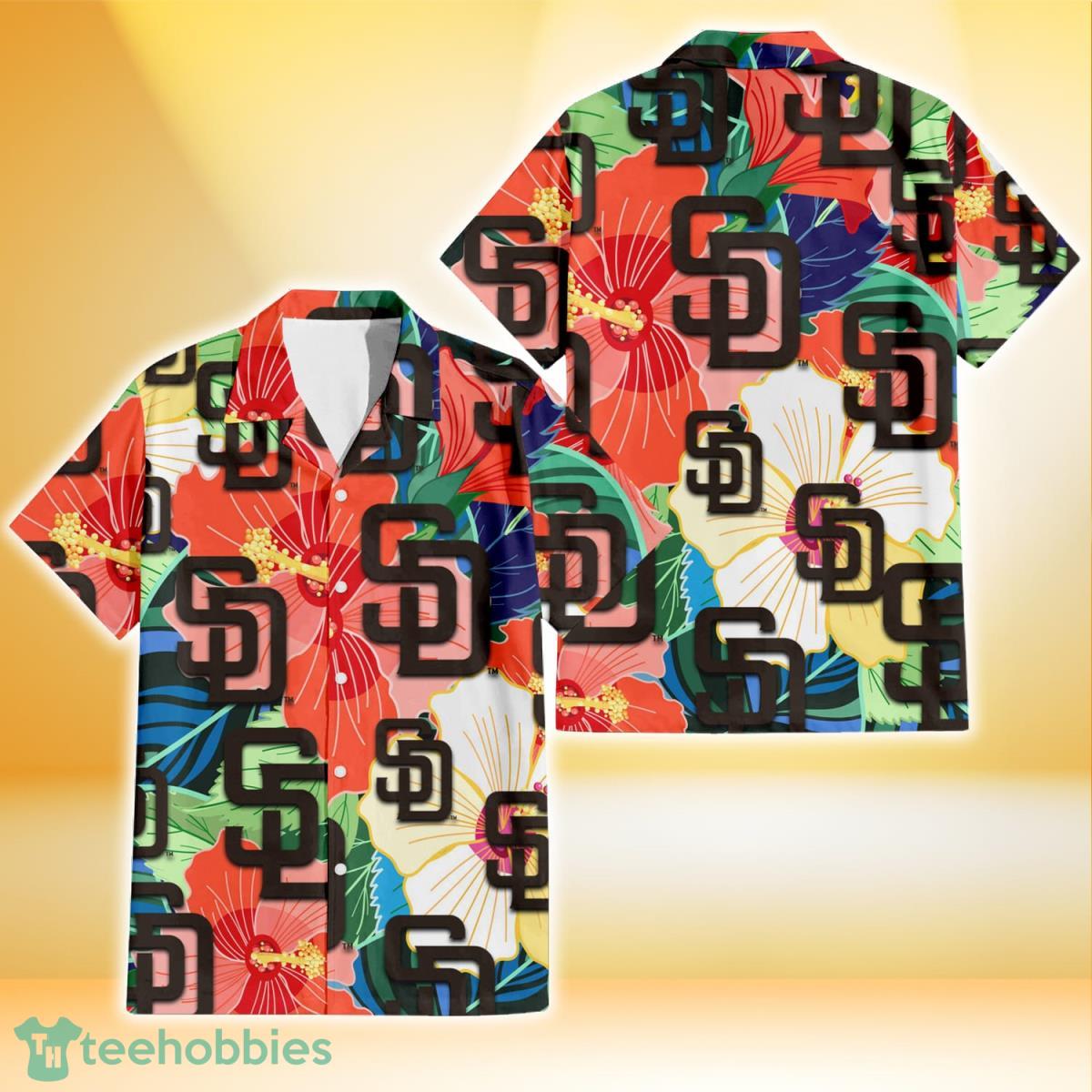 San Diego Padres Orange White Tropical Hibiscus Green Leaf 3D Hawaiian Shirt Gift For Fans Product Photo 1