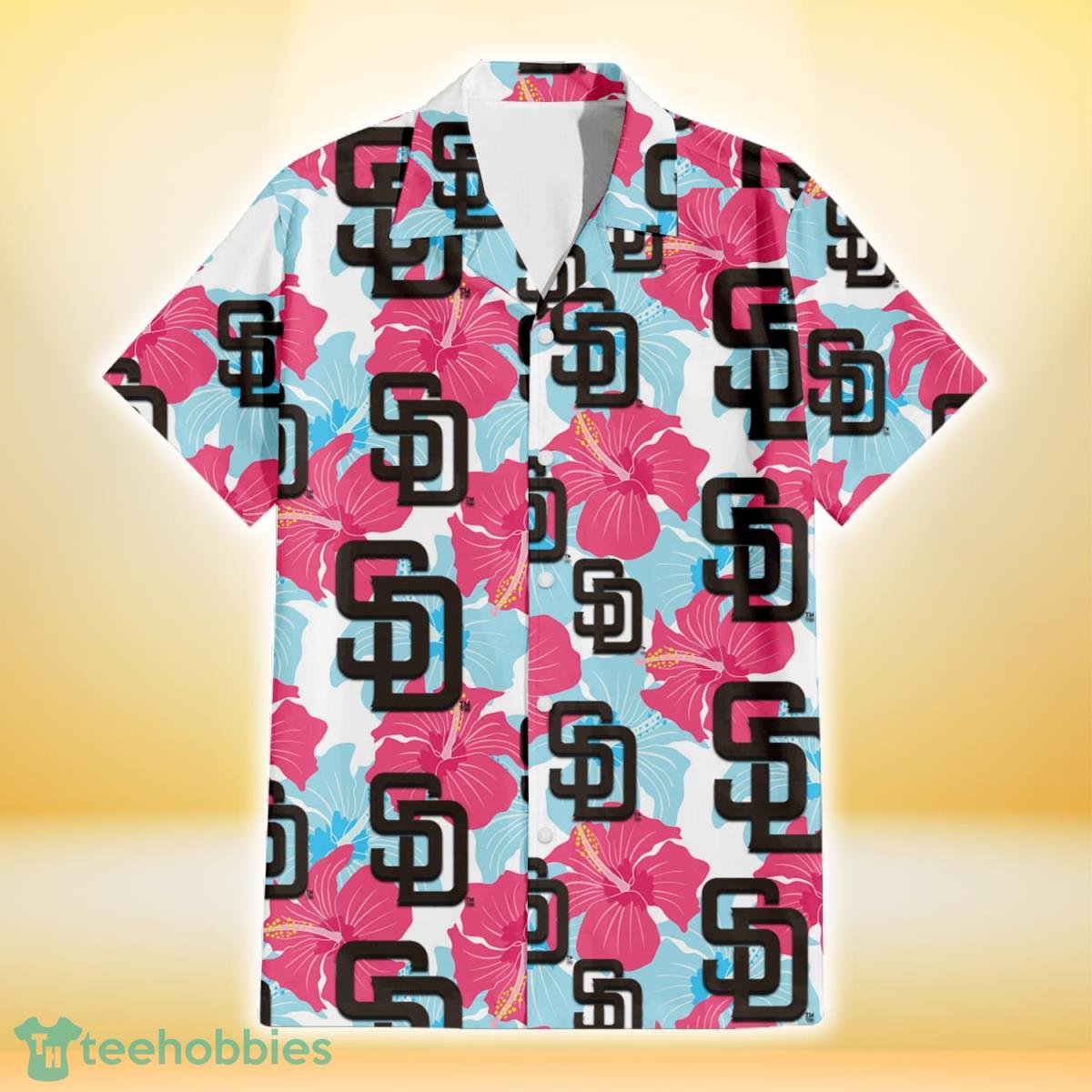 San Diego Padres Pink Blue Hibiscus White Background 3D Hawaiian Shirt Gift For Fans Product Photo 2