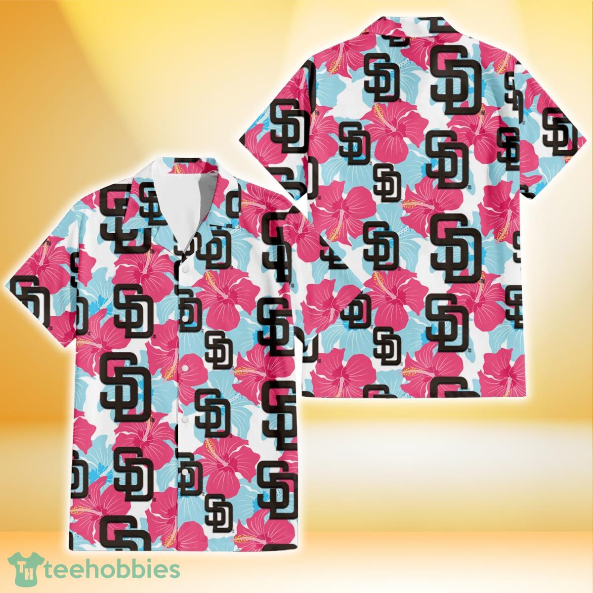 San Diego Padres Pink Blue Hibiscus White Background 3D Hawaiian Shirt Gift For Fans Product Photo 1