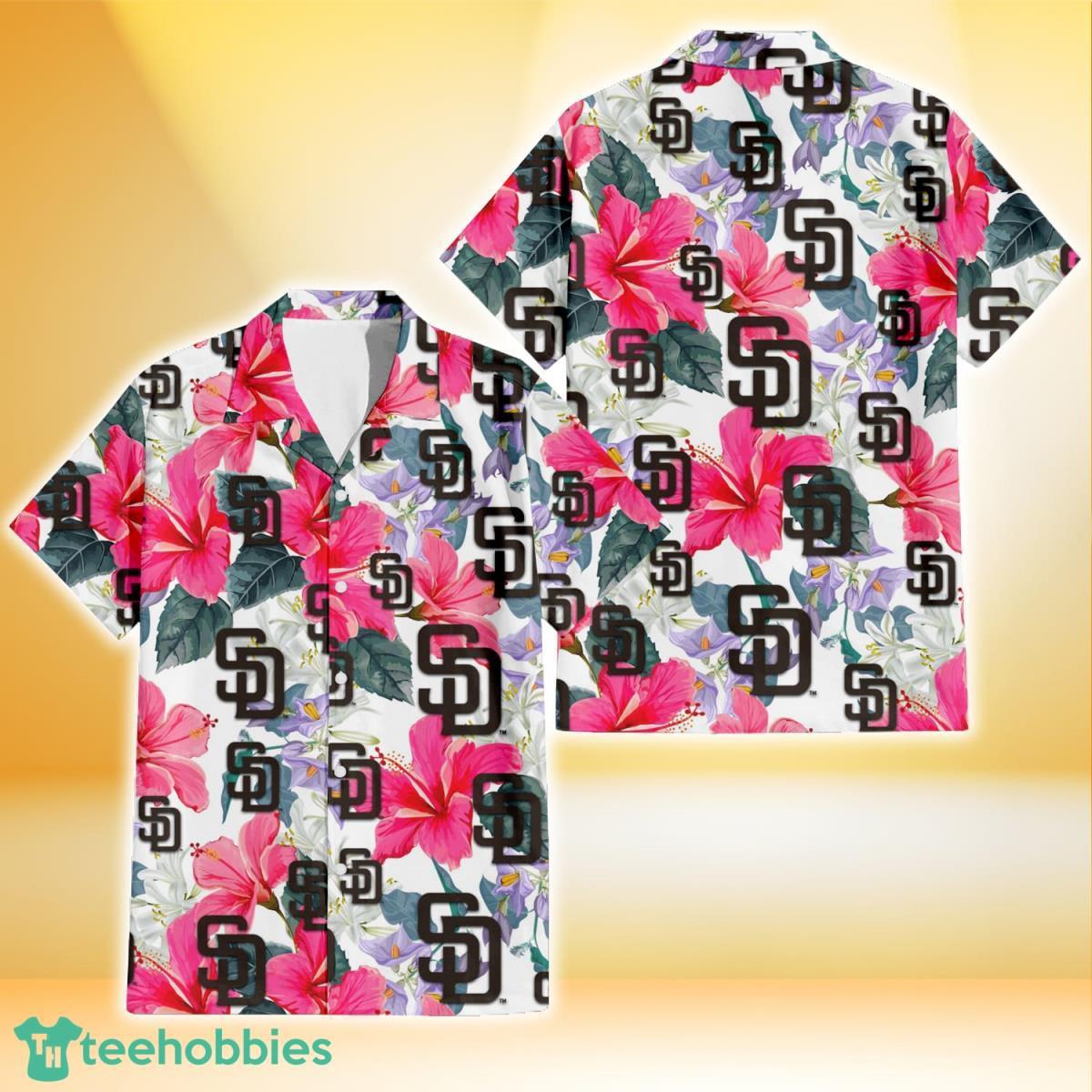 San Diego Padres Pink Hibiscus White Orchid White Background 3D Hawaiian Shirt Gift For Fans Product Photo 1