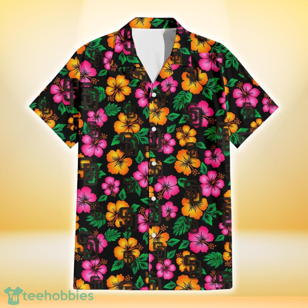San Diego Padres Pink Orange Black Background 3D Hawaiian Shirt Gift For Fans Product Photo 2