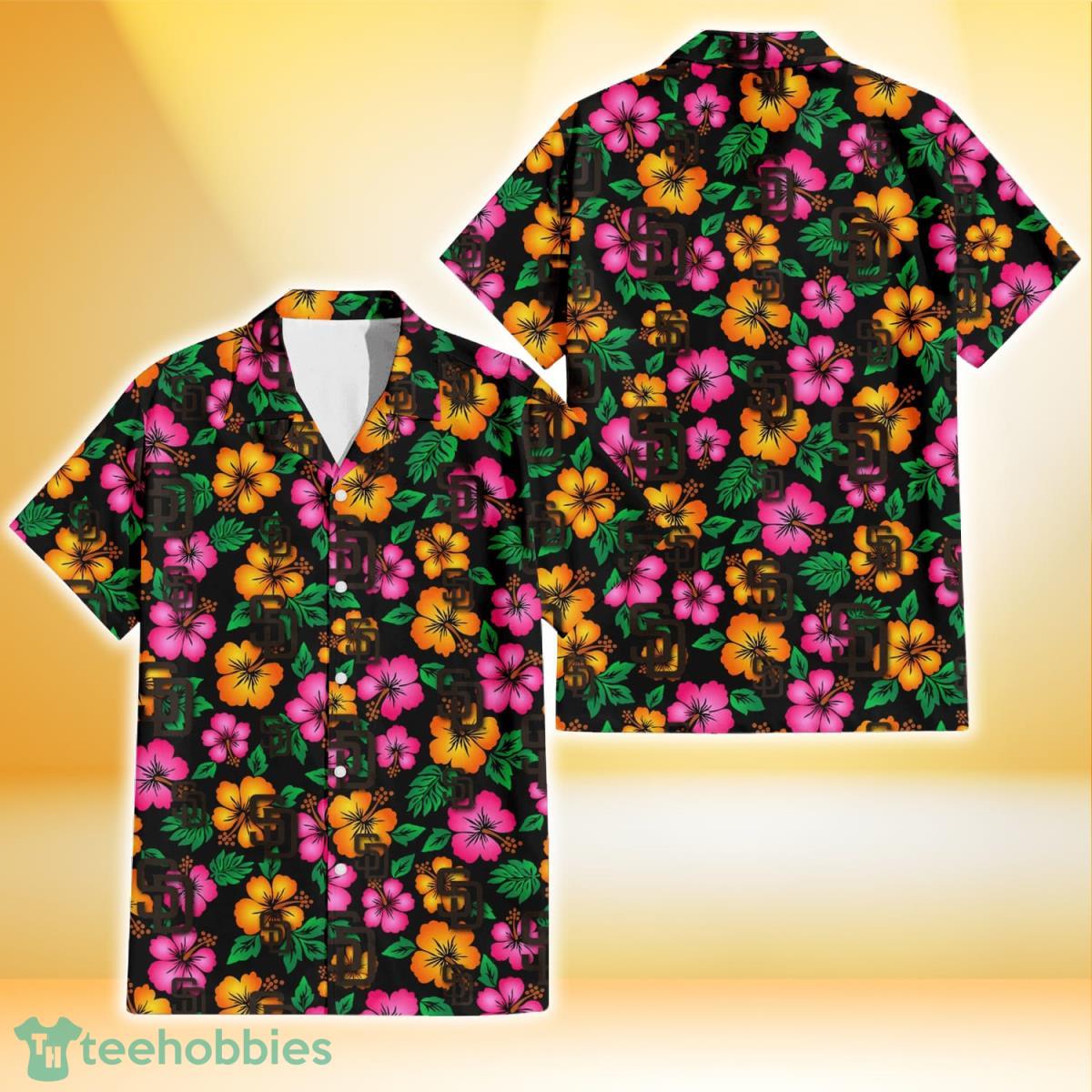 San Diego Padres Pink Orange Black Background 3D Hawaiian Shirt Gift For Fans Product Photo 1