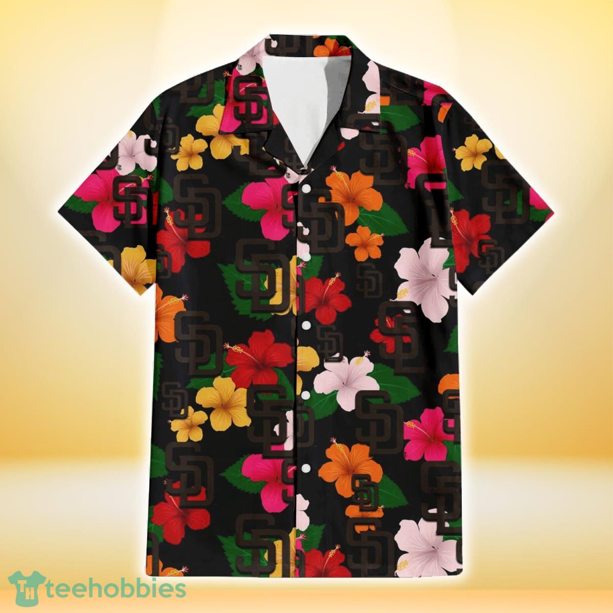 San Diego Padres Pink Orange Yellow White Hibiscus Black Background 3D Hawaiian Shirt Gift For Fans Product Photo 2