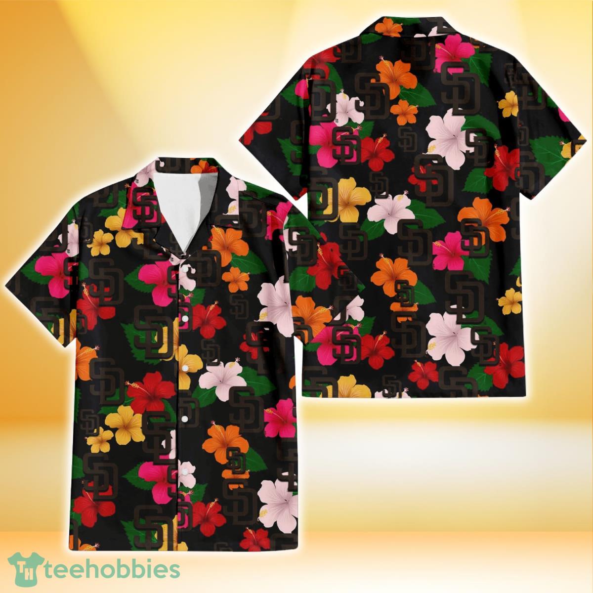 San Diego Padres Pink Orange Yellow White Hibiscus Black Background 3D Hawaiian Shirt Gift For Fans Product Photo 1