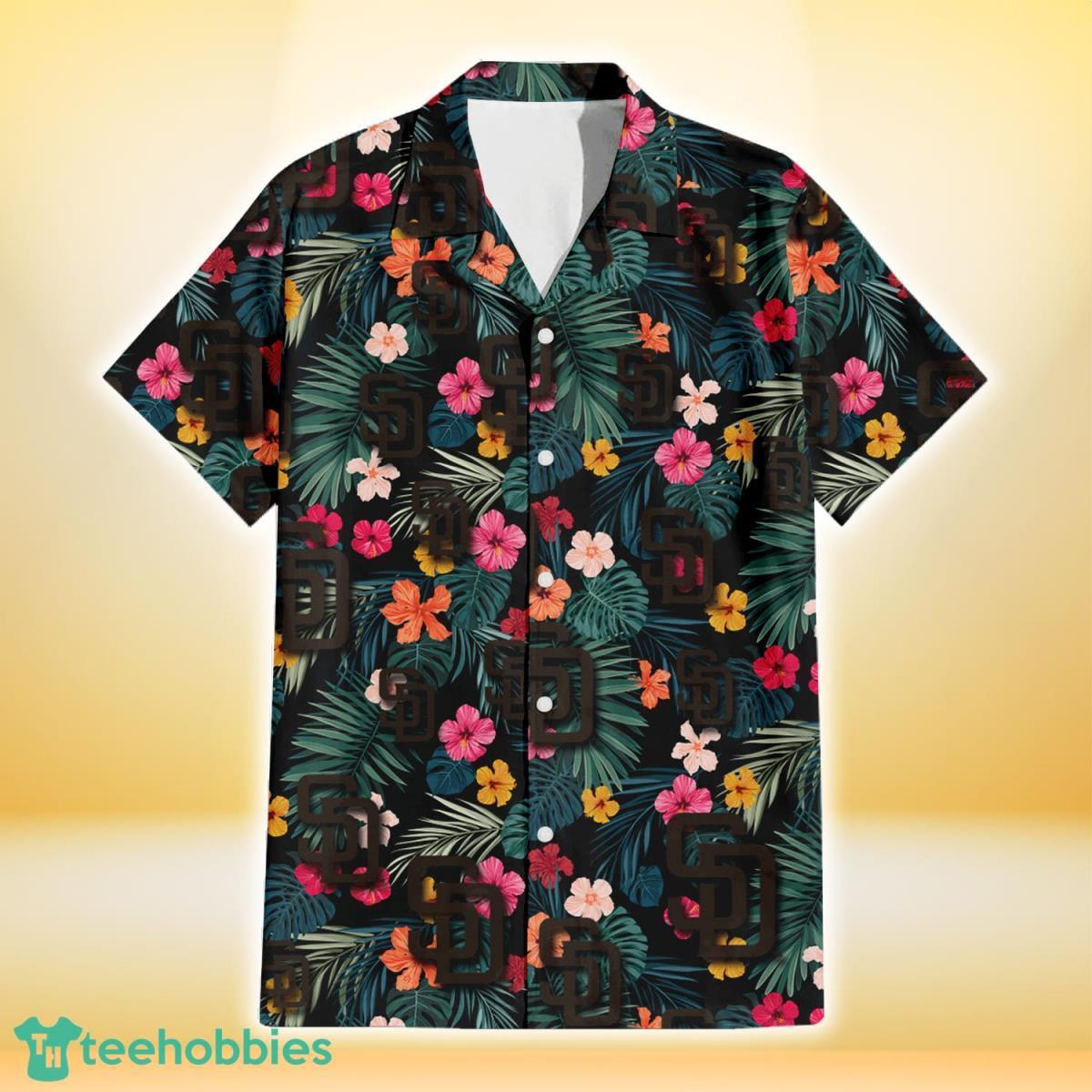 San Diego Padres Pink Yellow Orange Hibiscus Big Tropical Leaf Black Background 3D Hawaiian Shirt Gift For Fans Product Photo 2