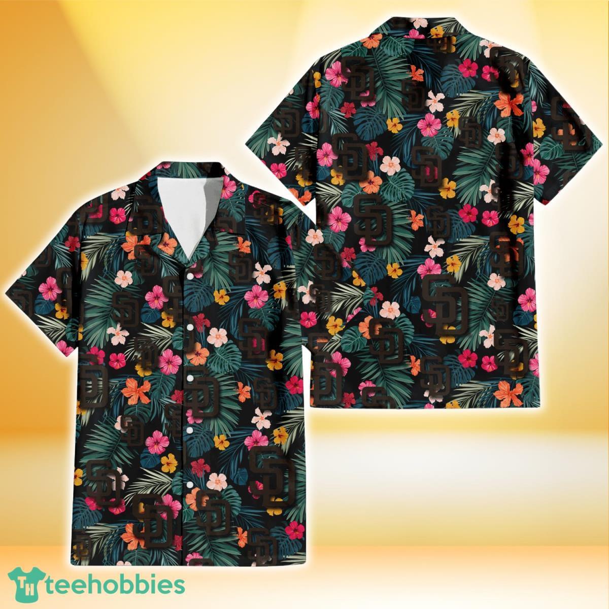 San Diego Padres Pink Yellow Orange Hibiscus Big Tropical Leaf Black Background 3D Hawaiian Shirt Gift For Fans Product Photo 1