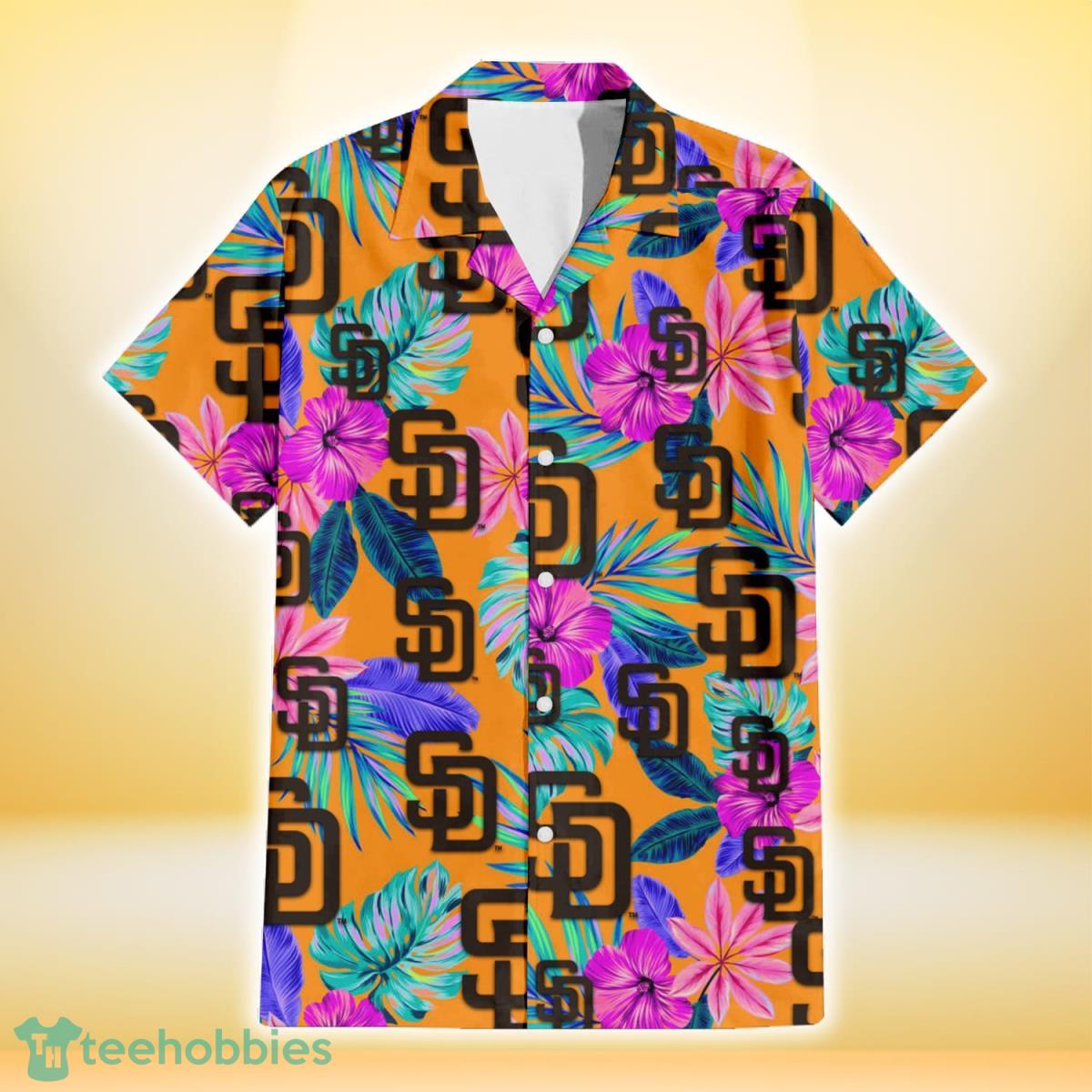 San Diego Padres Purple Hibiscus Neon Leaf Orange Background 3D Hawaiian Shirt Gift For Fans Product Photo 2