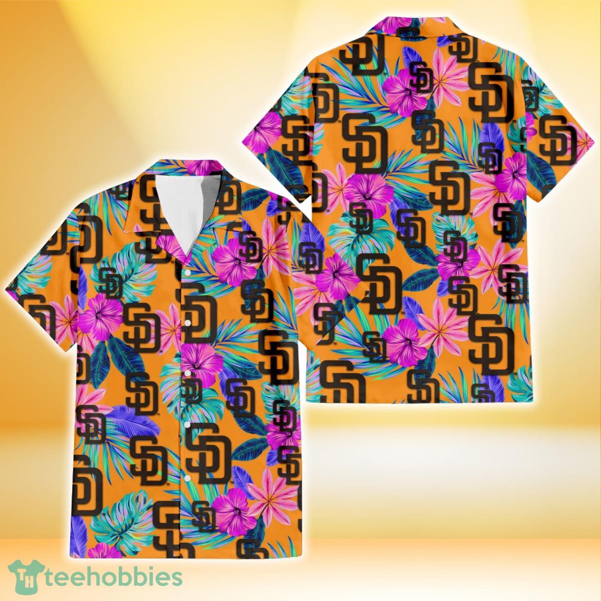San Diego Padres Purple Hibiscus Neon Leaf Orange Background 3D Hawaiian Shirt Gift For Fans Product Photo 1