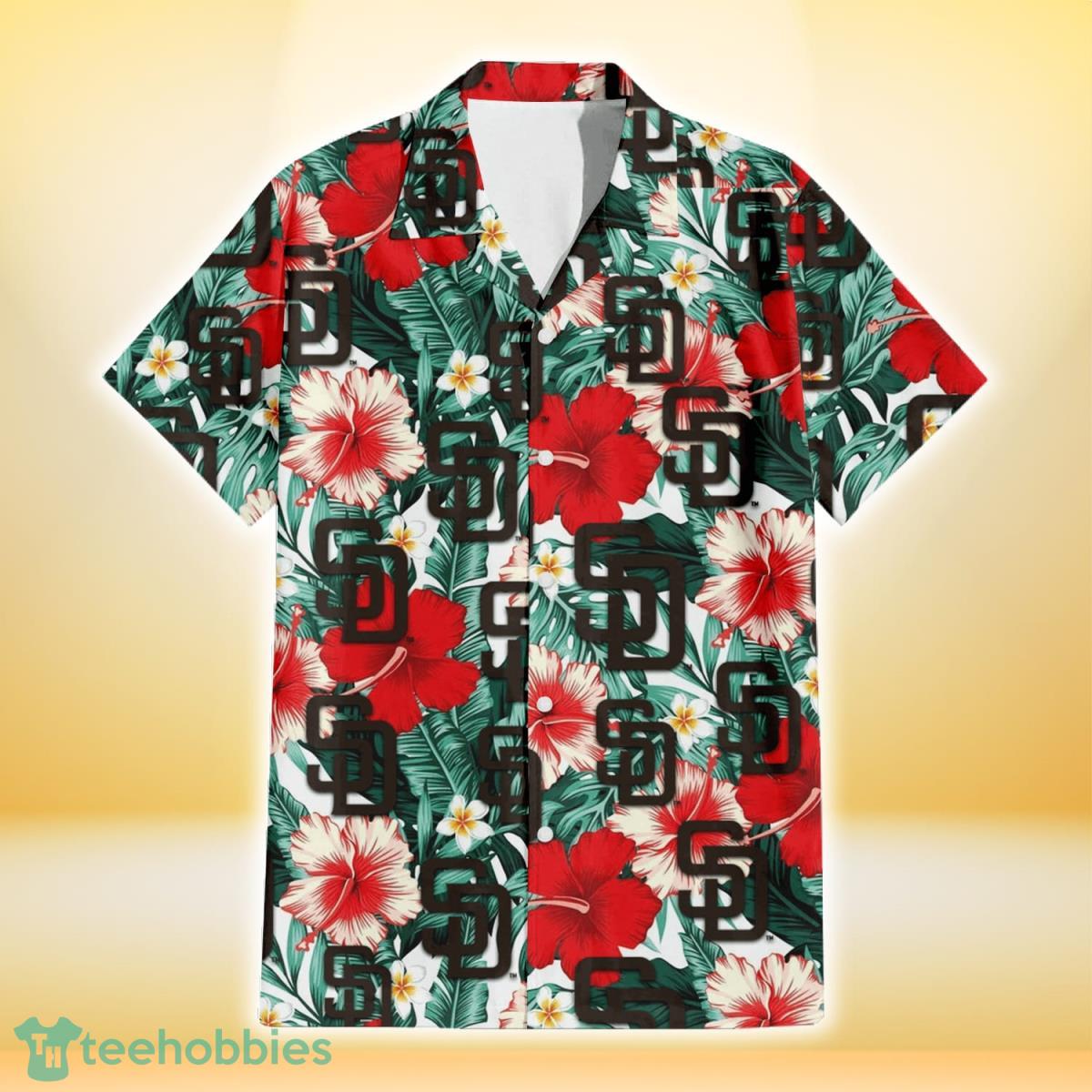 San Diego Padres Red Coral Hibiscus White Porcelain Flower Banana Leaf 3D Hawaiian Shirt Gift For Fans Product Photo 2