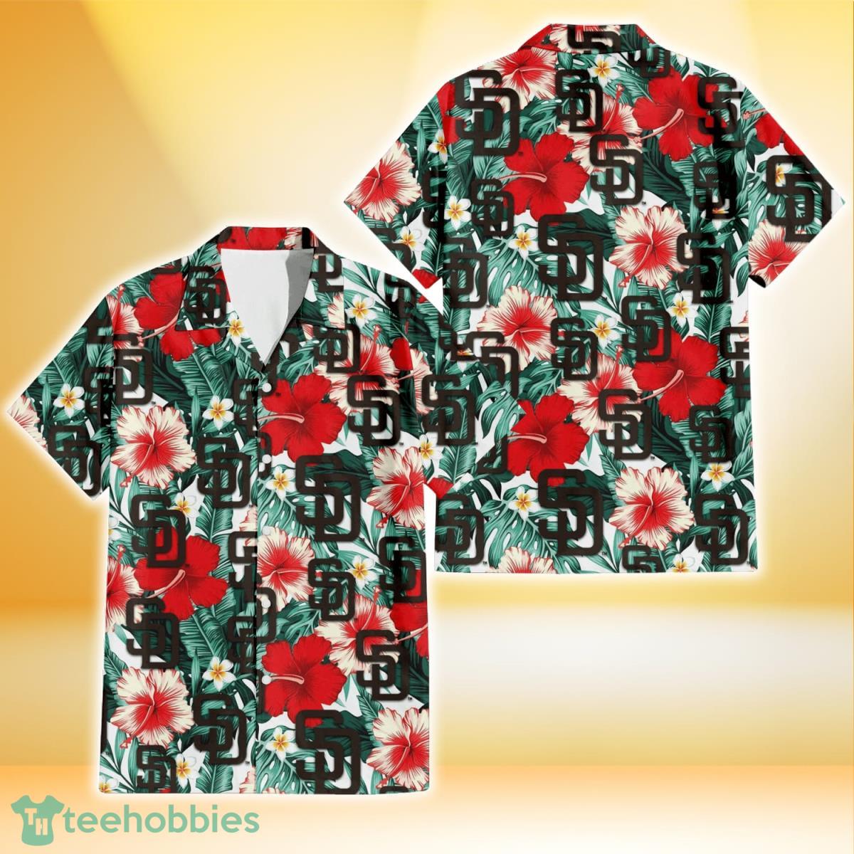 San Diego Padres Red Coral Hibiscus White Porcelain Flower Banana Leaf 3D Hawaiian Shirt Gift For Fans Product Photo 1