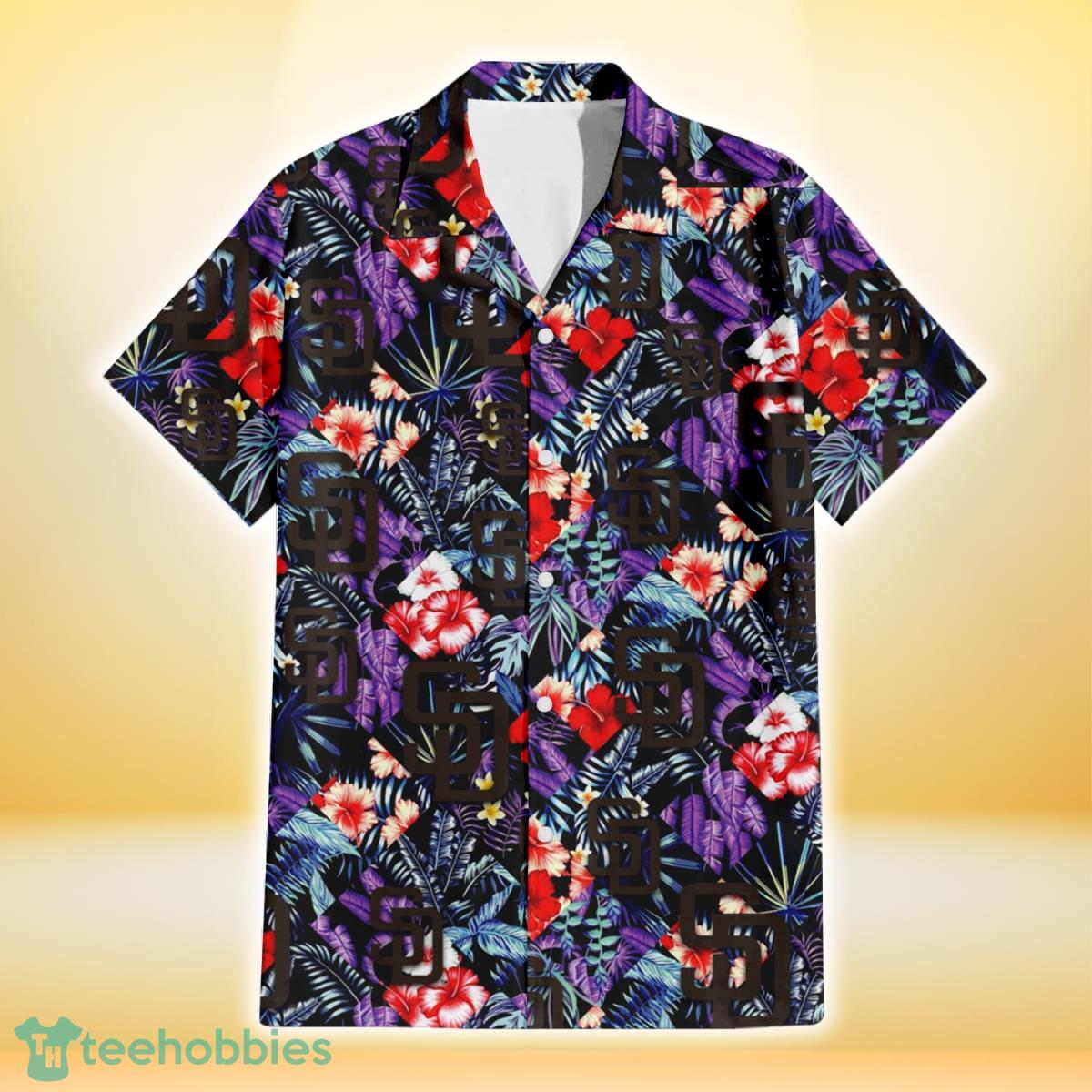 San Diego Padres Red Hibiscus Caro Black Background 3D Hawaiian Shirt Gift For Fans Product Photo 2