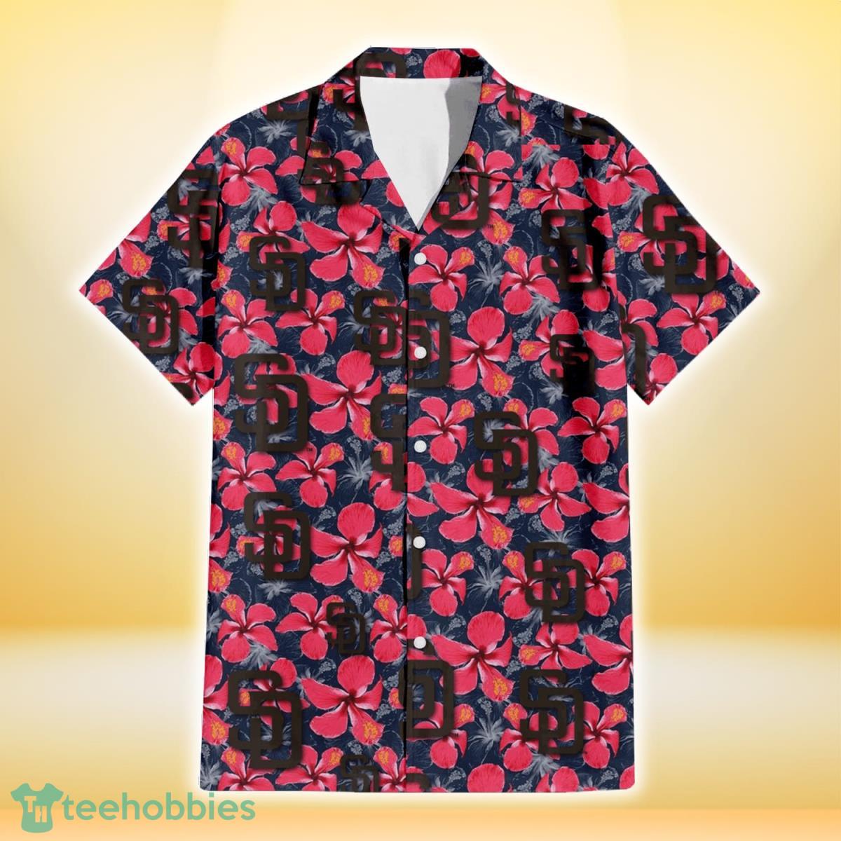 San Diego Padres Red Hibiscus Dark Gray Background 3D Hawaiian Shirt Gift For Fans Product Photo 2