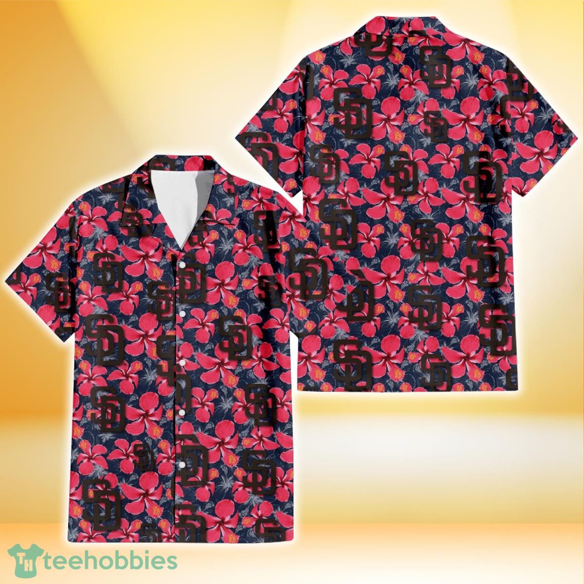 San Diego Padres Red Hibiscus Dark Gray Background 3D Hawaiian Shirt Gift For Fans Product Photo 1